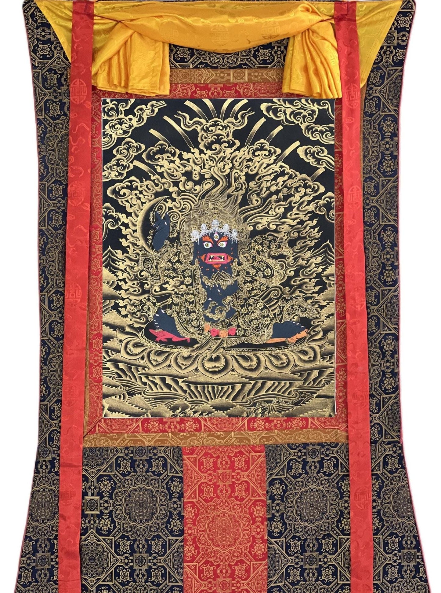 Hand-Painted Mahakala Thangka | Black & Gold Tibetan Art | Silk Brocade Frame | Dharma Defender Wall Hanging