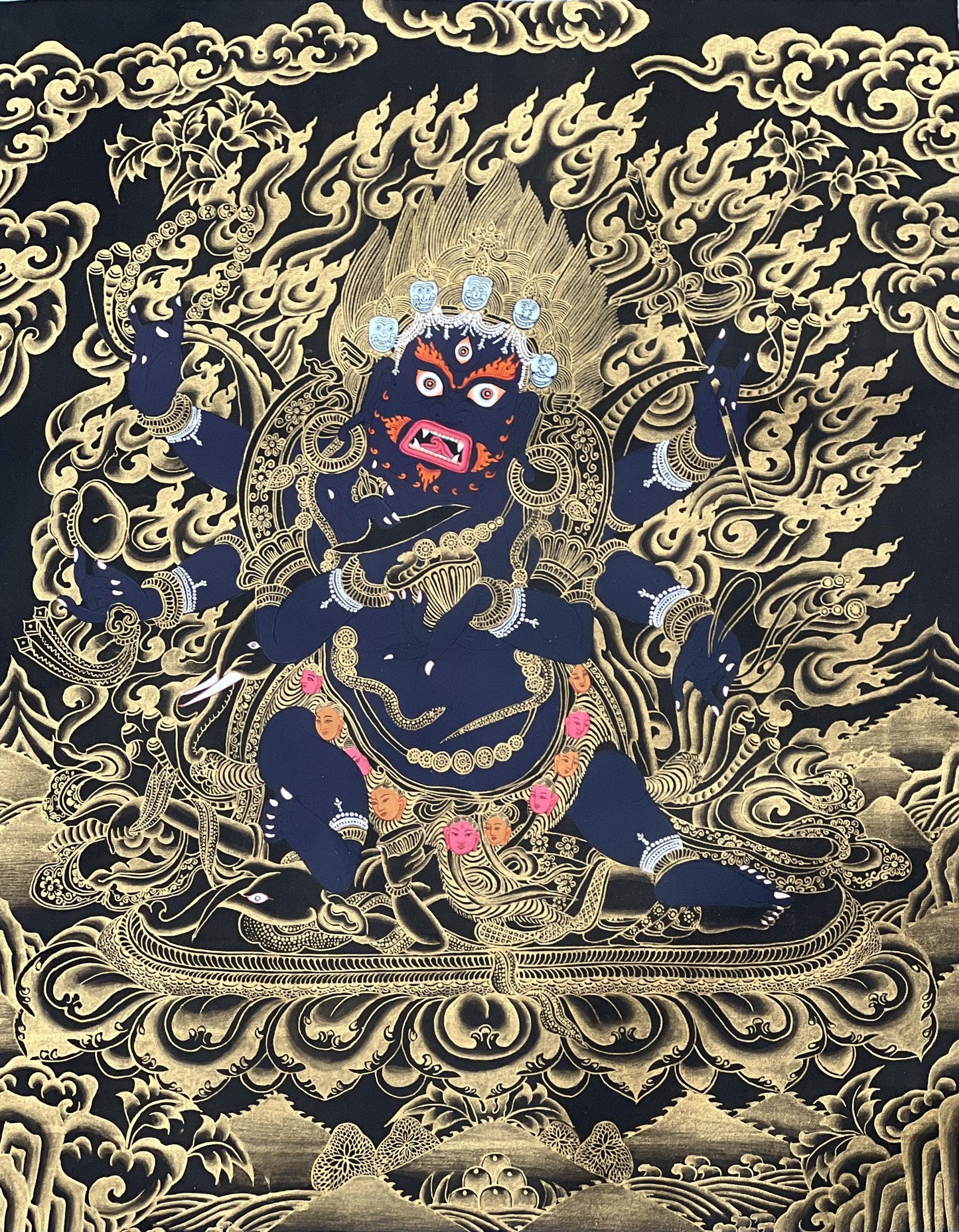 Hand-Painted Mahakala Thangka, Black and Gold Tibetan Protector