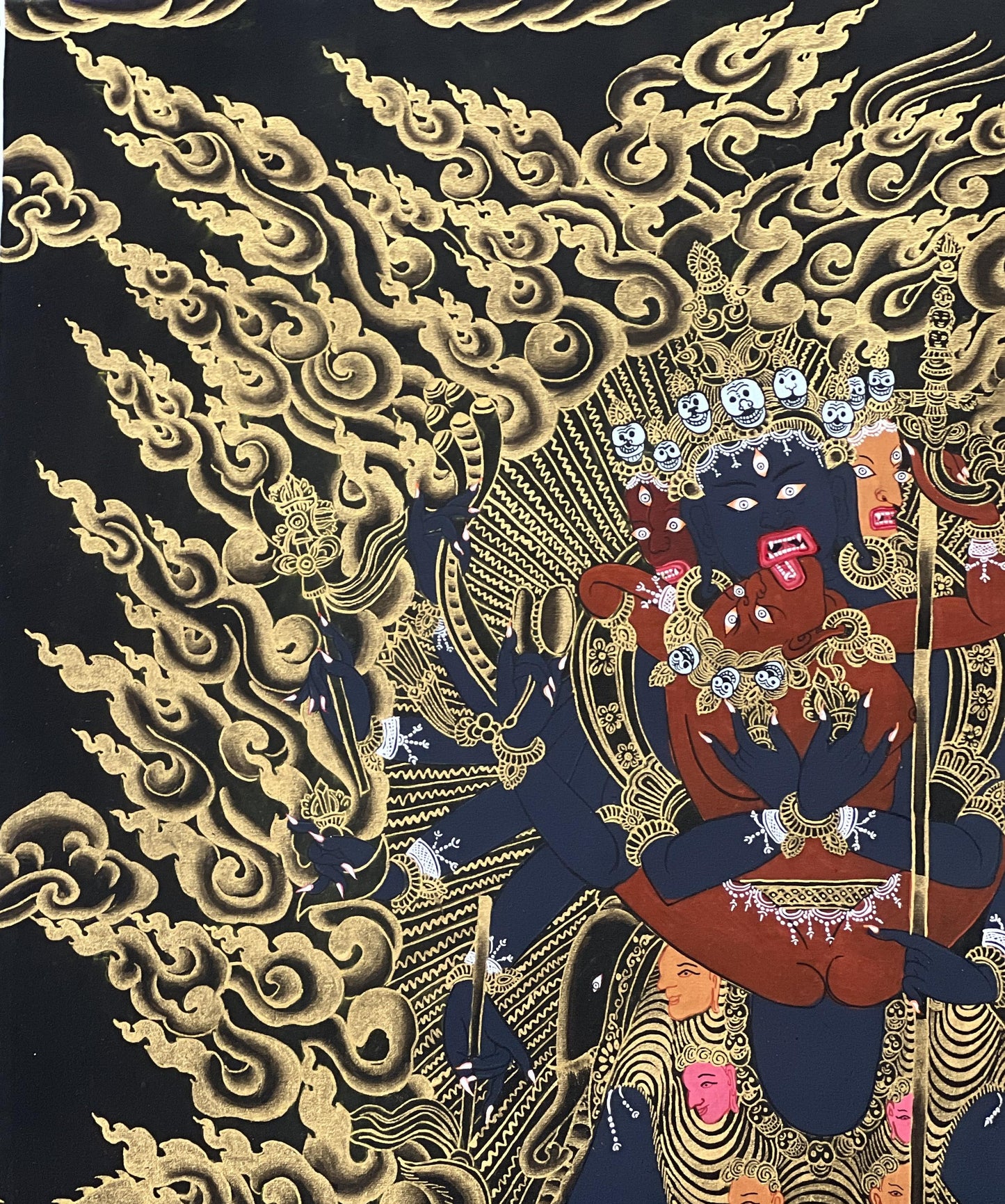 Hand-Painted Kalacakra Yab-Yum Thangka: Black & Gold Tibetan Silk Brocade Art