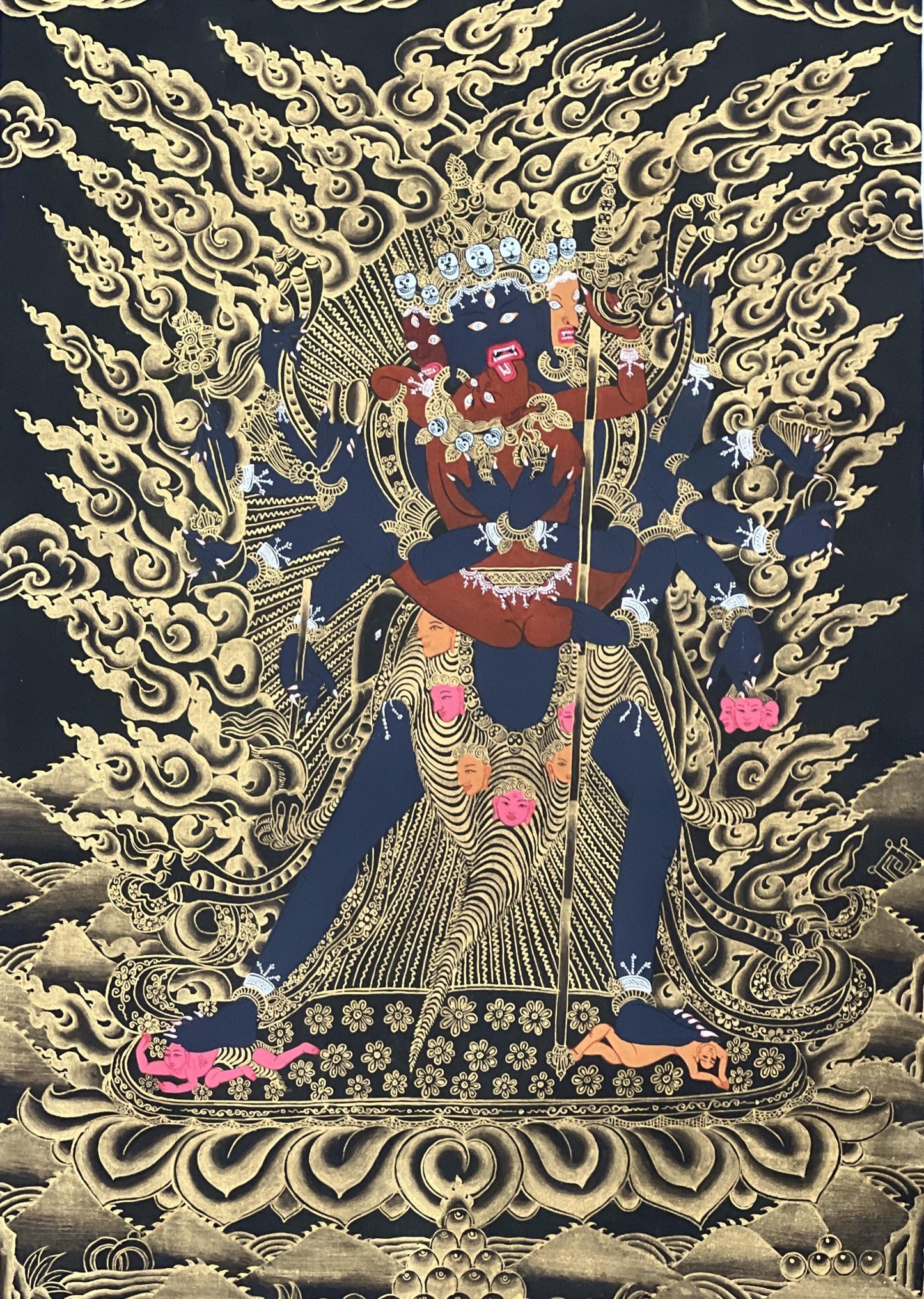 Hand-Painted Kalacakra Yab-Yum Thangka: Black & Gold Tibetan Silk Brocade Art