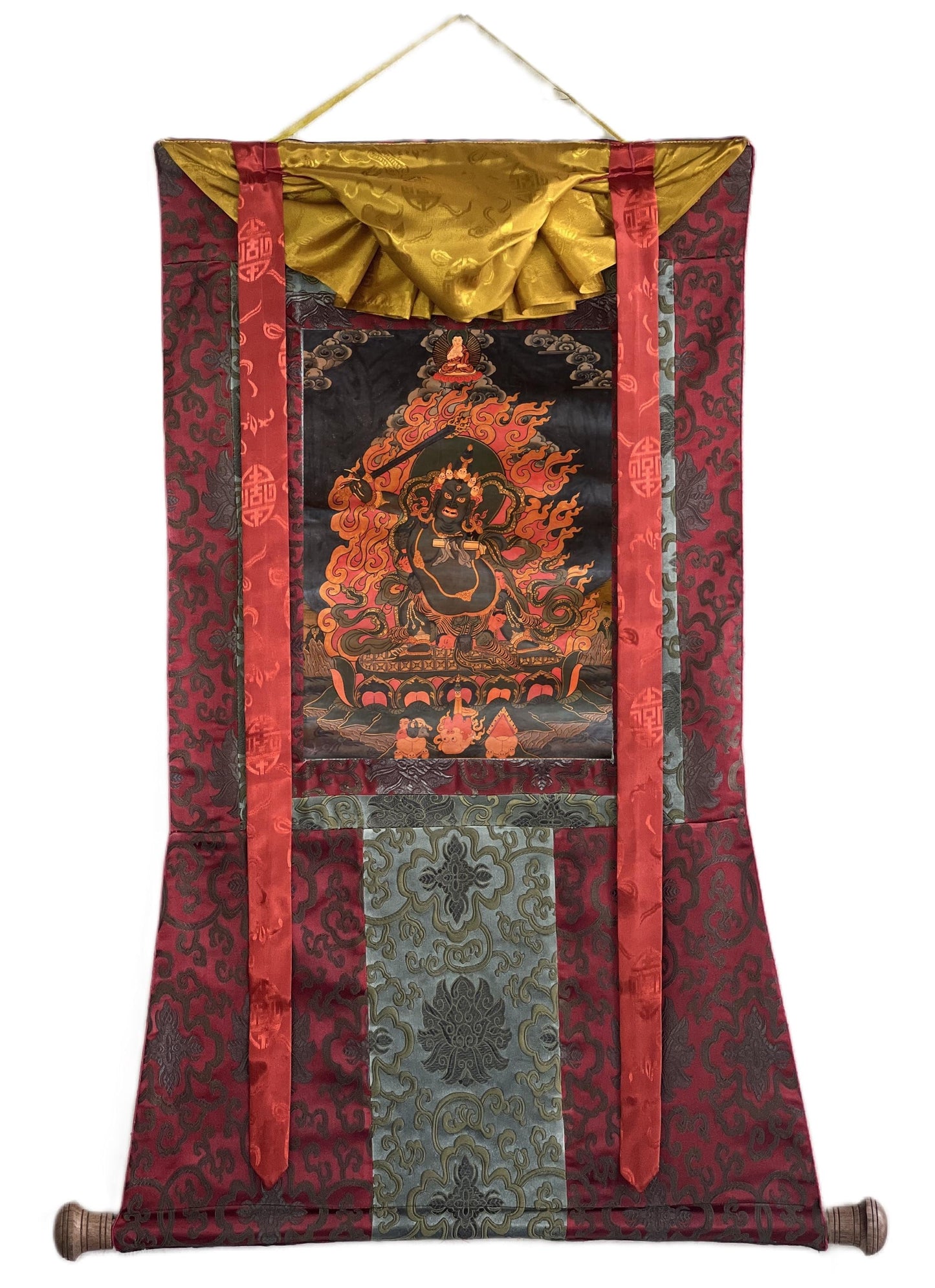 Hand-Painted Black Manjushri Thangka Painting with Silk Brocade
