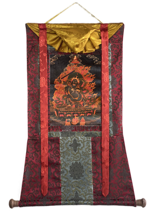 Hand-Painted Black Manjushri Thangka Painting with Silk Brocade