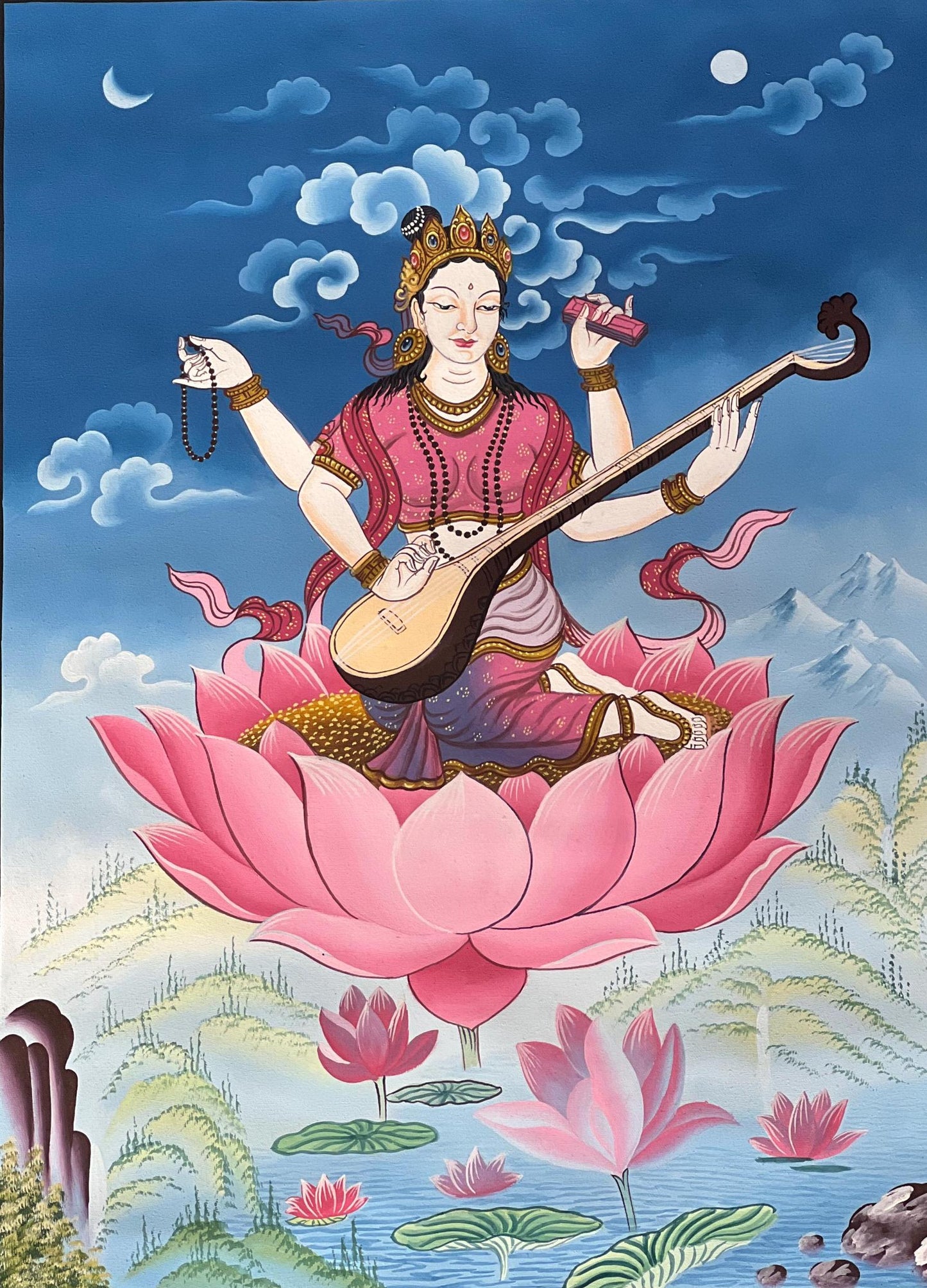 Hand-Painted Saraswati Thangka – Silk Brocade Hindu Goddess Art