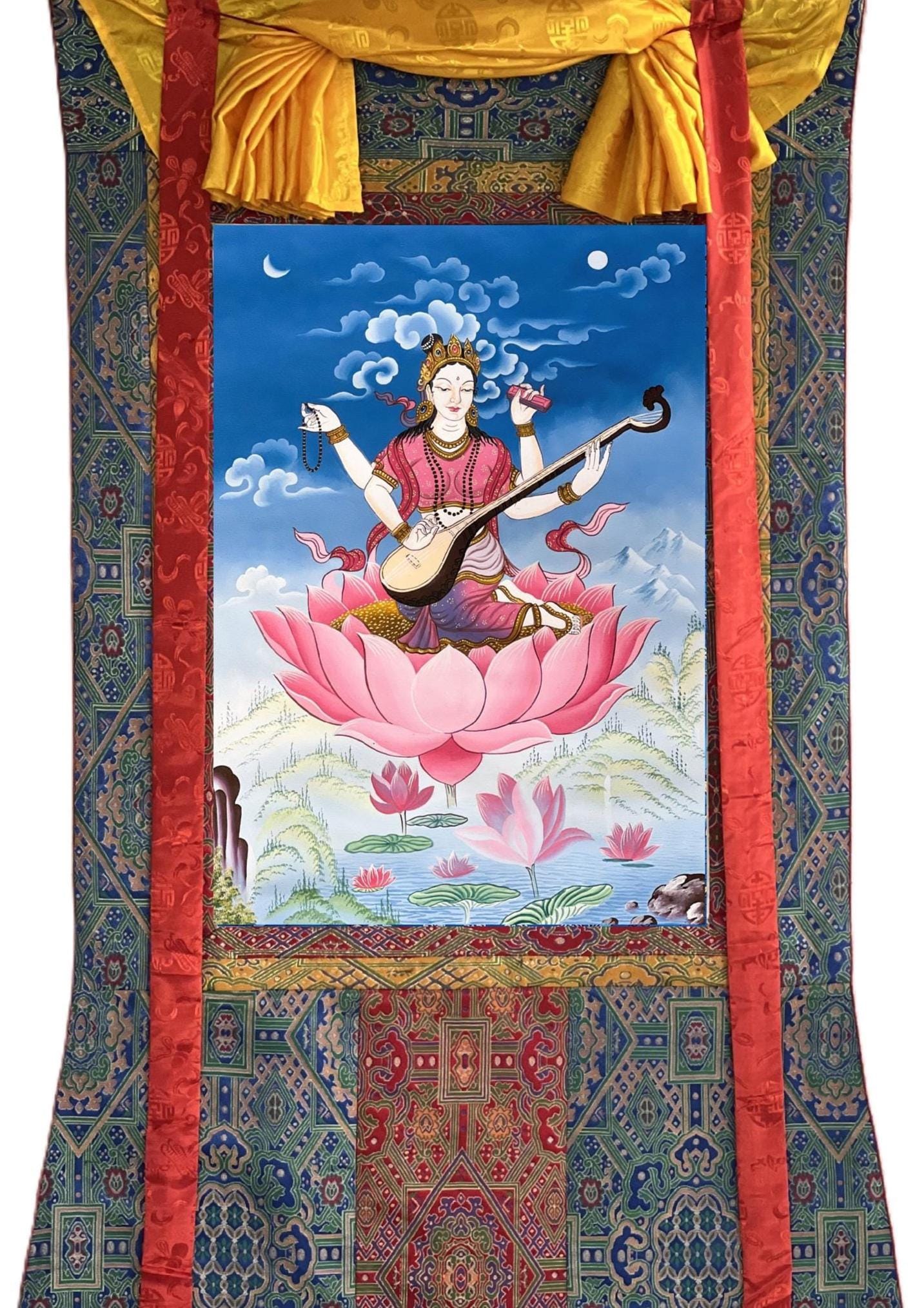 Hand-Painted Saraswati Thangka – Silk Brocade Hindu Goddess Art
