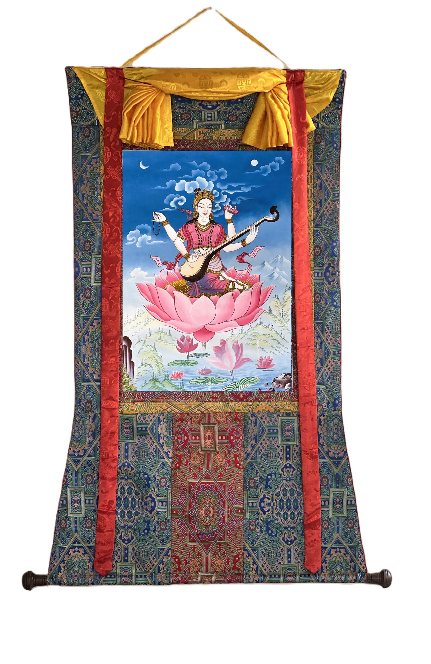 Hand-Painted Saraswati Thangka – Silk Brocade Hindu Goddess Art