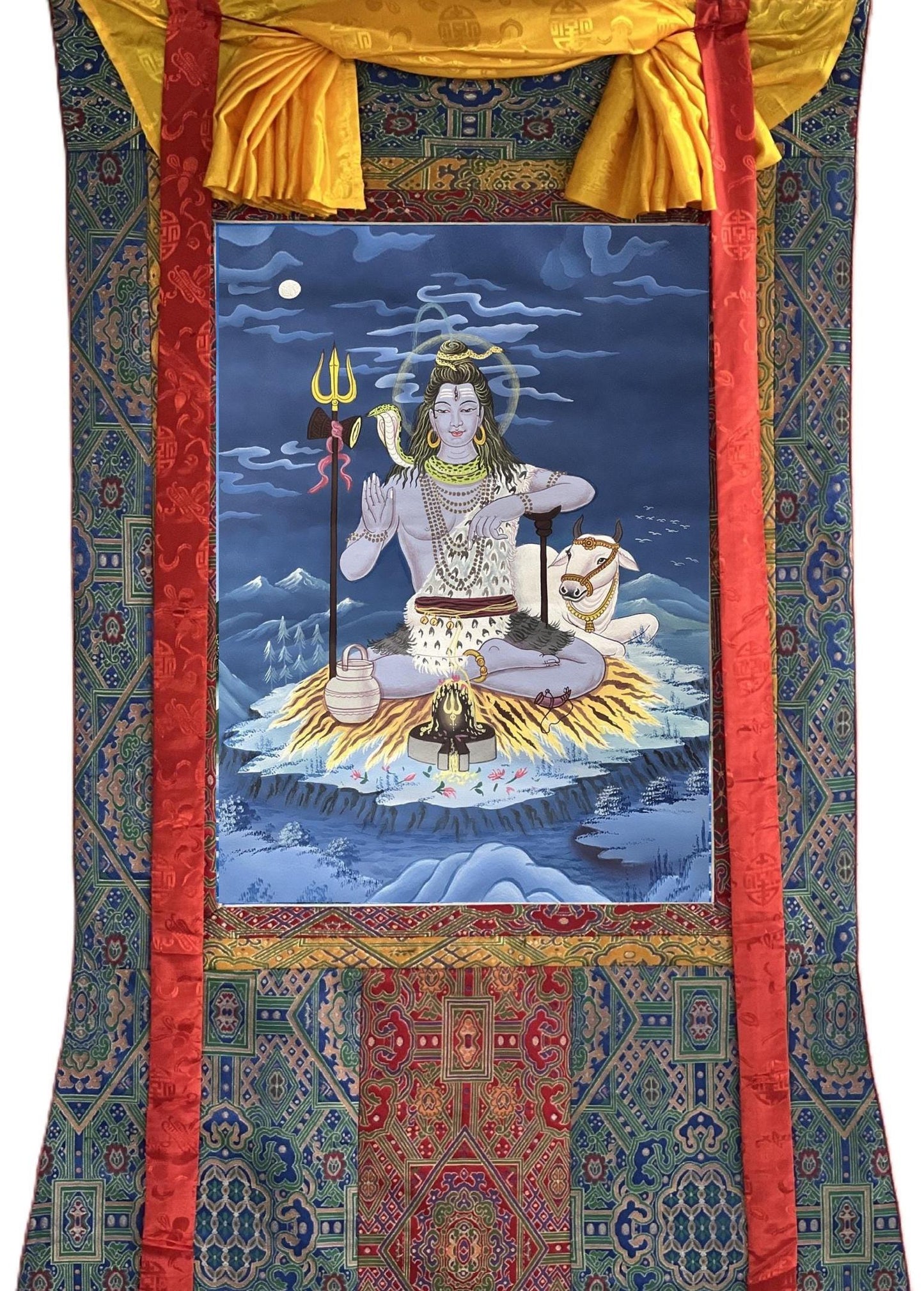 Hand-Painted Shiva Thangka Painting, Framed Silk Brocade Hindu Art