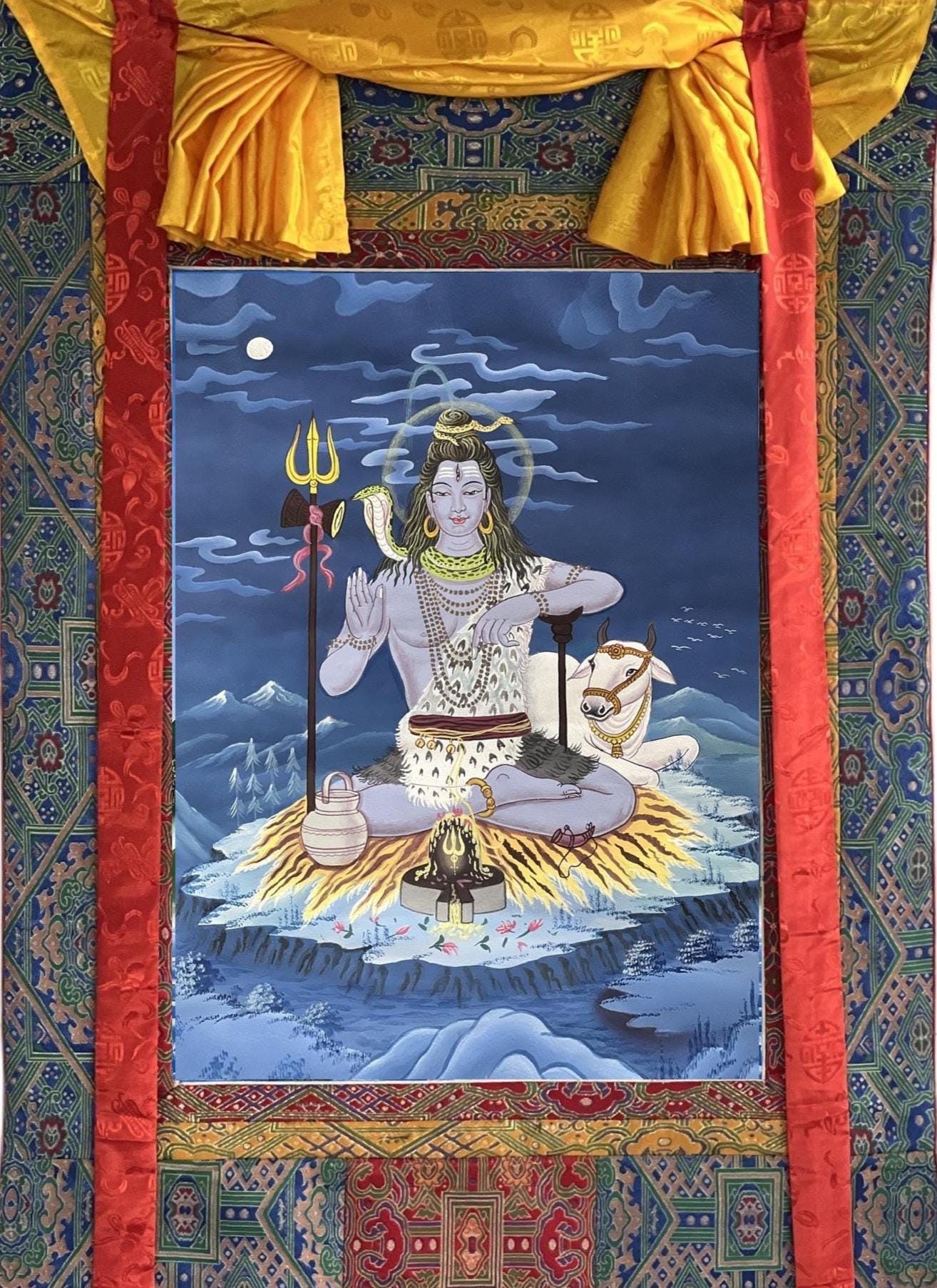 Hand-Painted Shiva Thangka Painting, Framed Silk Brocade Hindu Art