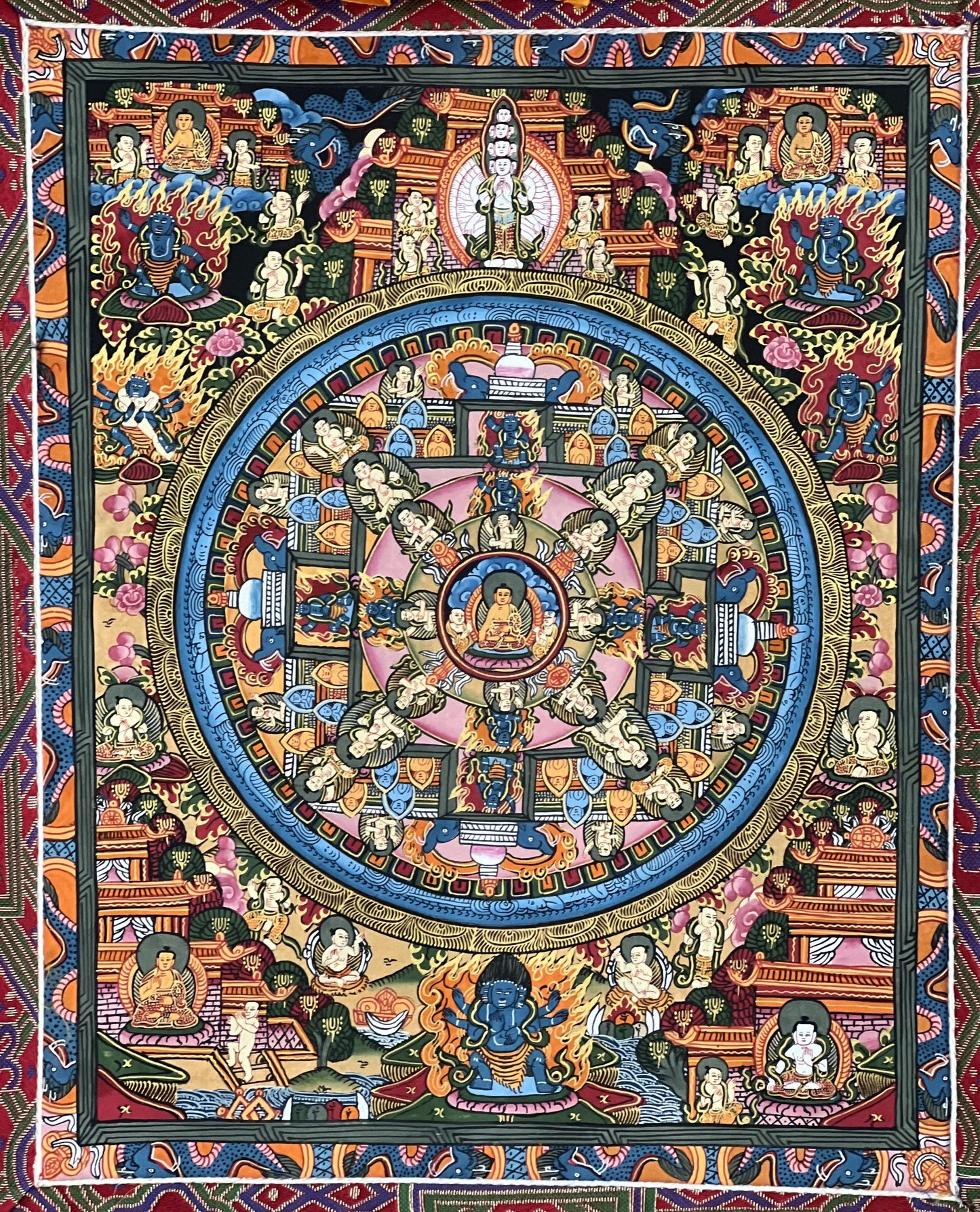 Hand-Painted Buddha Life Mandala Thangka: Tibetan Silk Brocade Wall Hanging