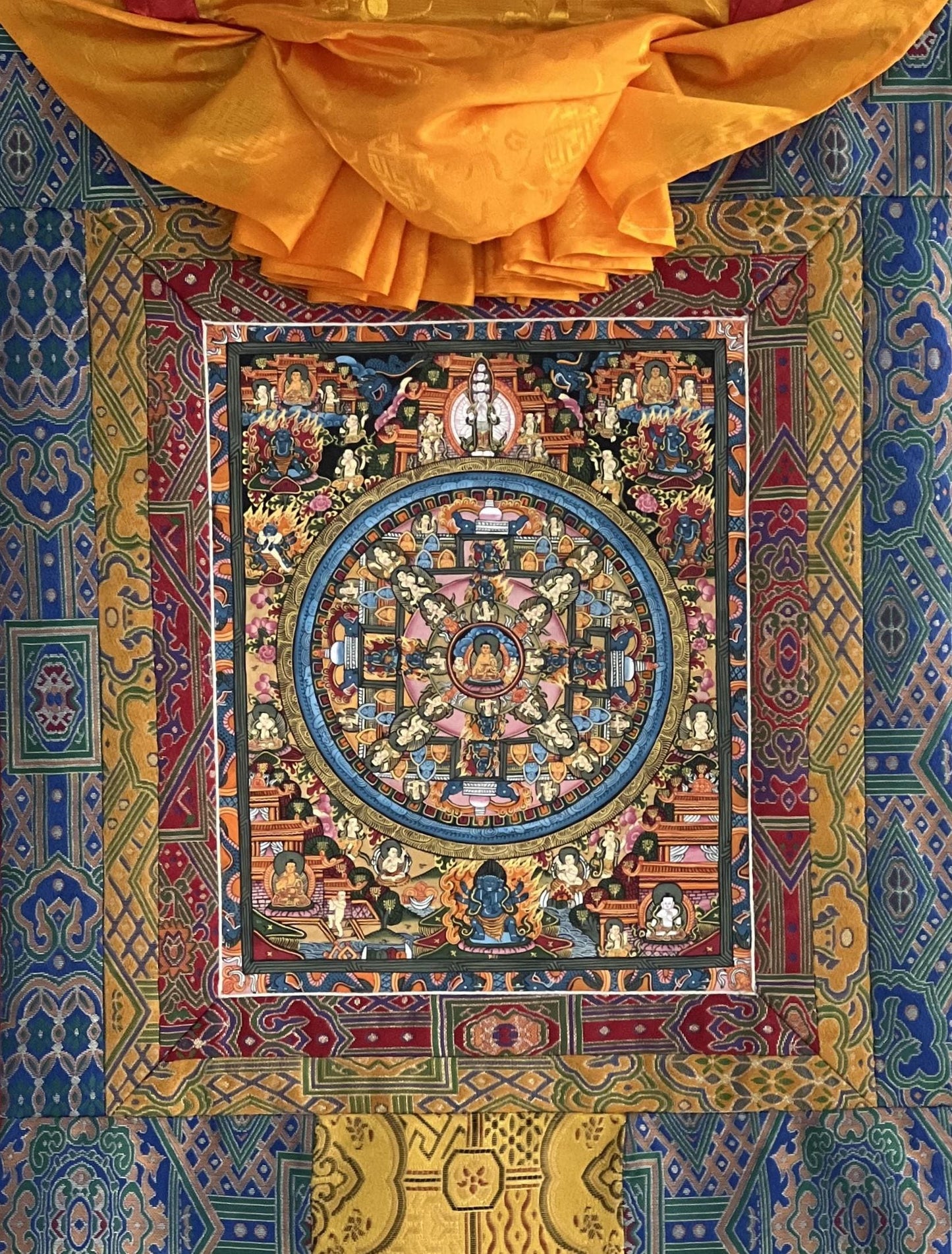 Hand-Painted Buddha Life Mandala Thangka: Tibetan Silk Brocade Wall Hanging
