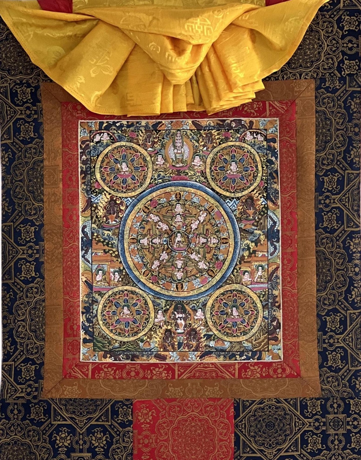 Hand-Painted Five Buddha Mandala Thangka Painting with Silk Border