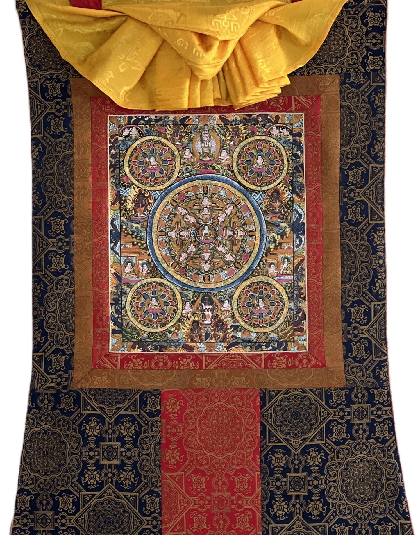 Hand-Painted Five Buddha Mandala Thangka Painting with Silk Border