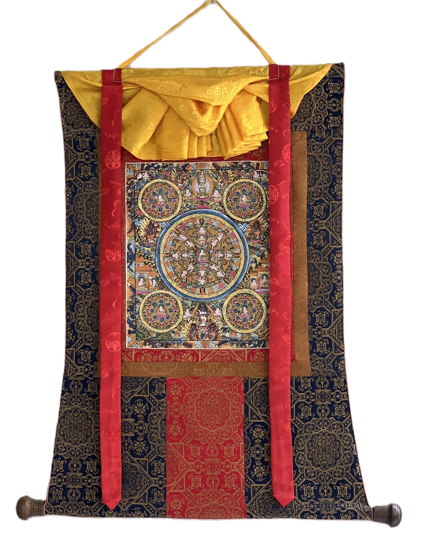 Hand-Painted Five Buddha Mandala Thangka Painting with Silk Border