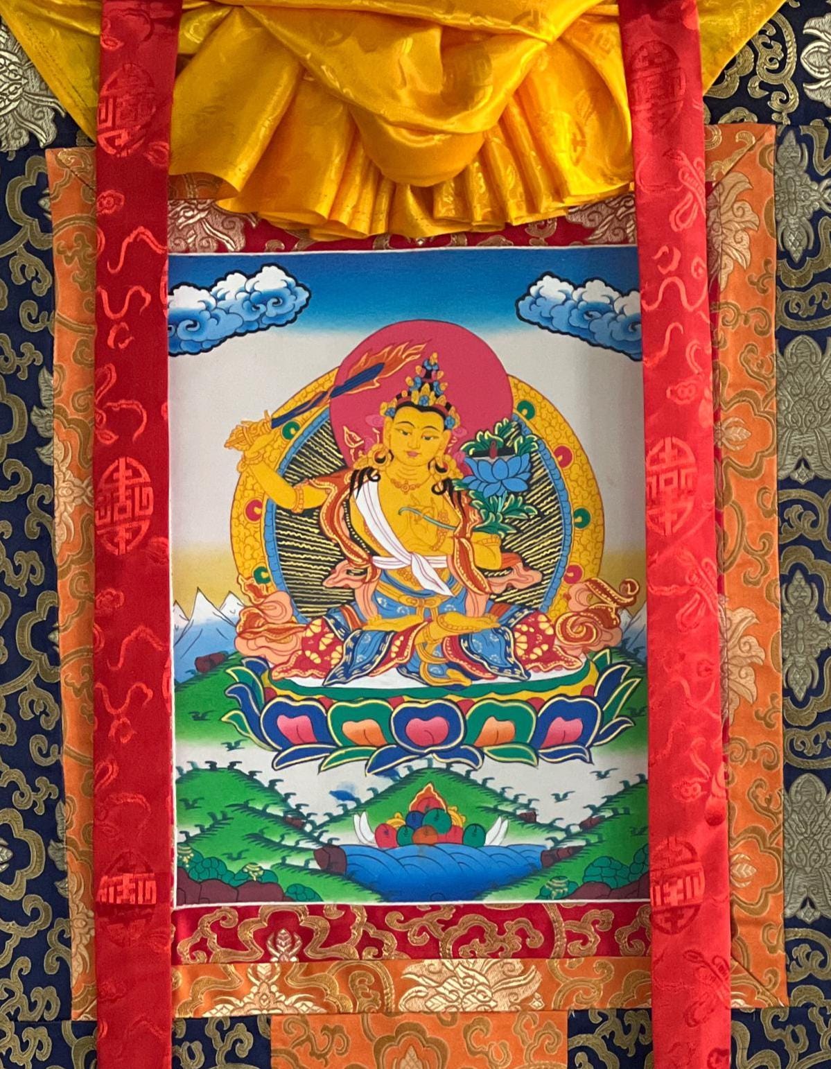 Hand-painted Manjushri Tibetan Thangka Painting with Silk Brocade
