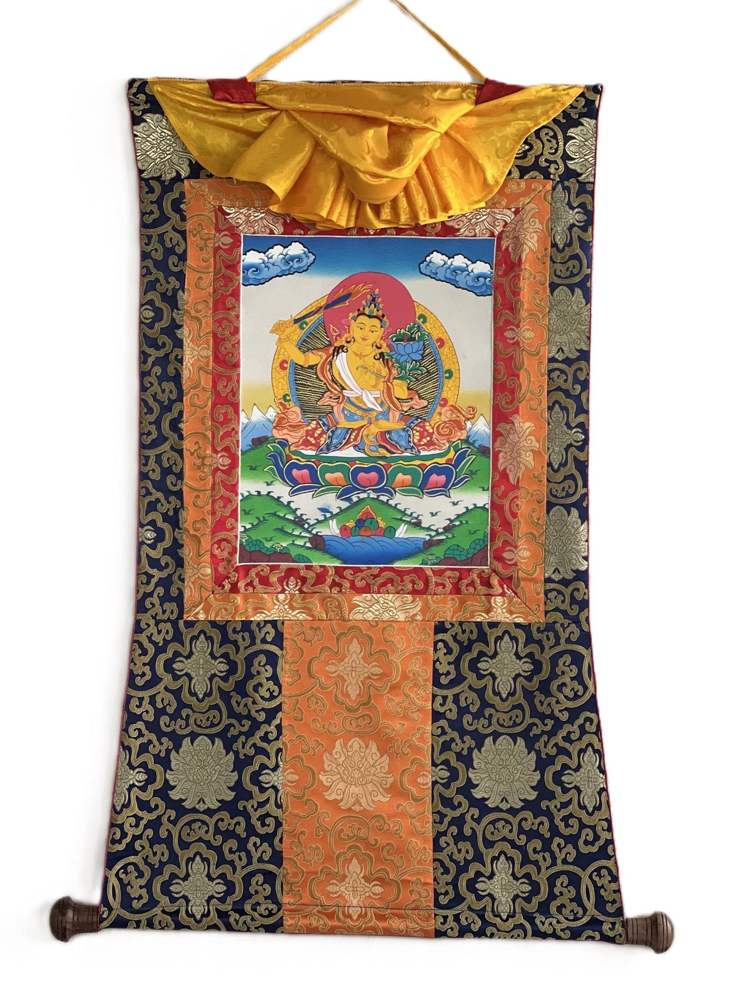 Hand-painted Manjushri Tibetan Thangka Painting with Silk Brocade