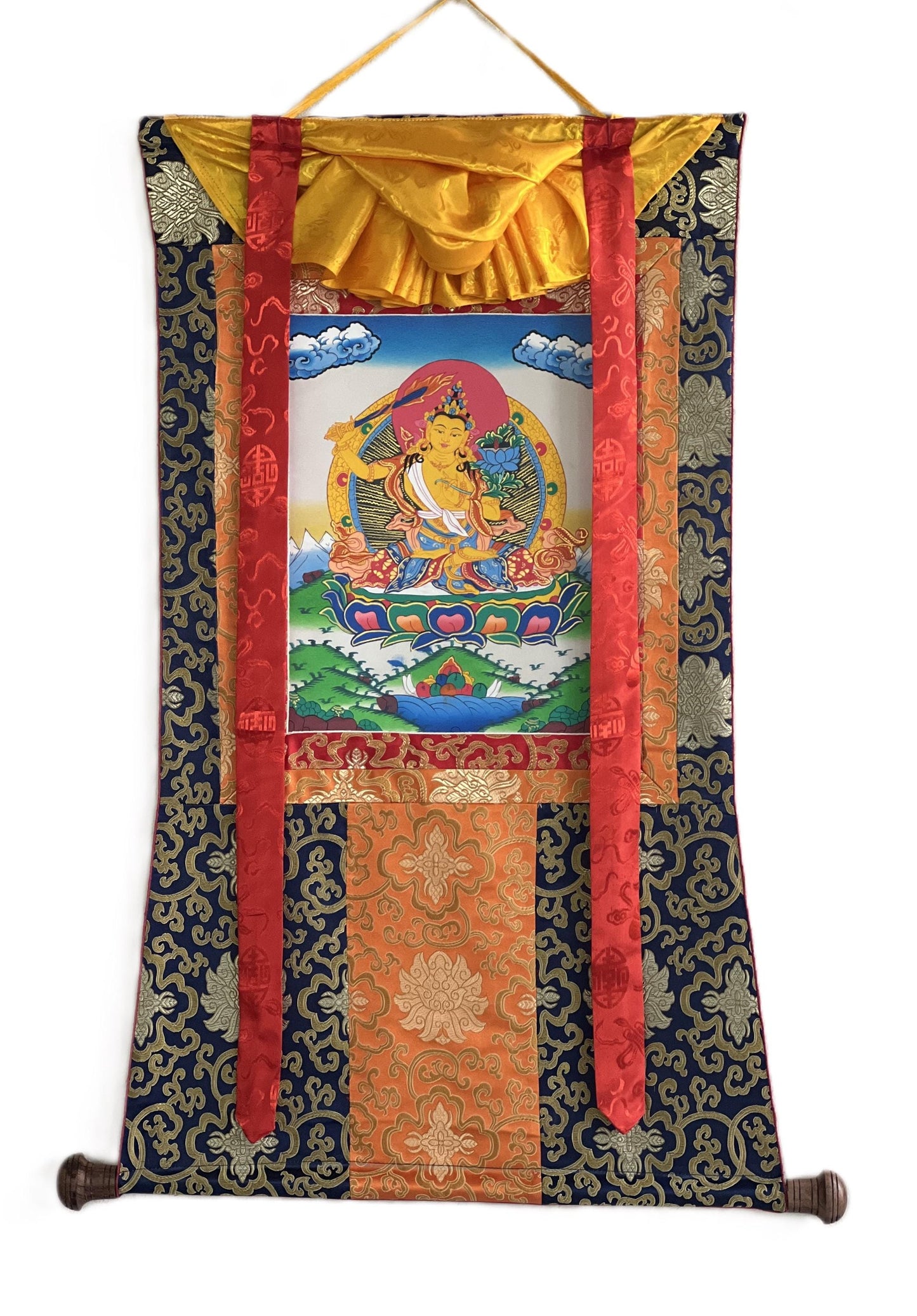Hand-painted Manjushri Tibetan Thangka Painting with Silk Brocade