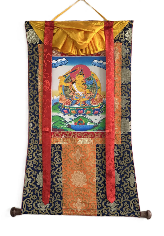 Hand-painted Manjushri Tibetan Thangka Painting with Silk Brocade