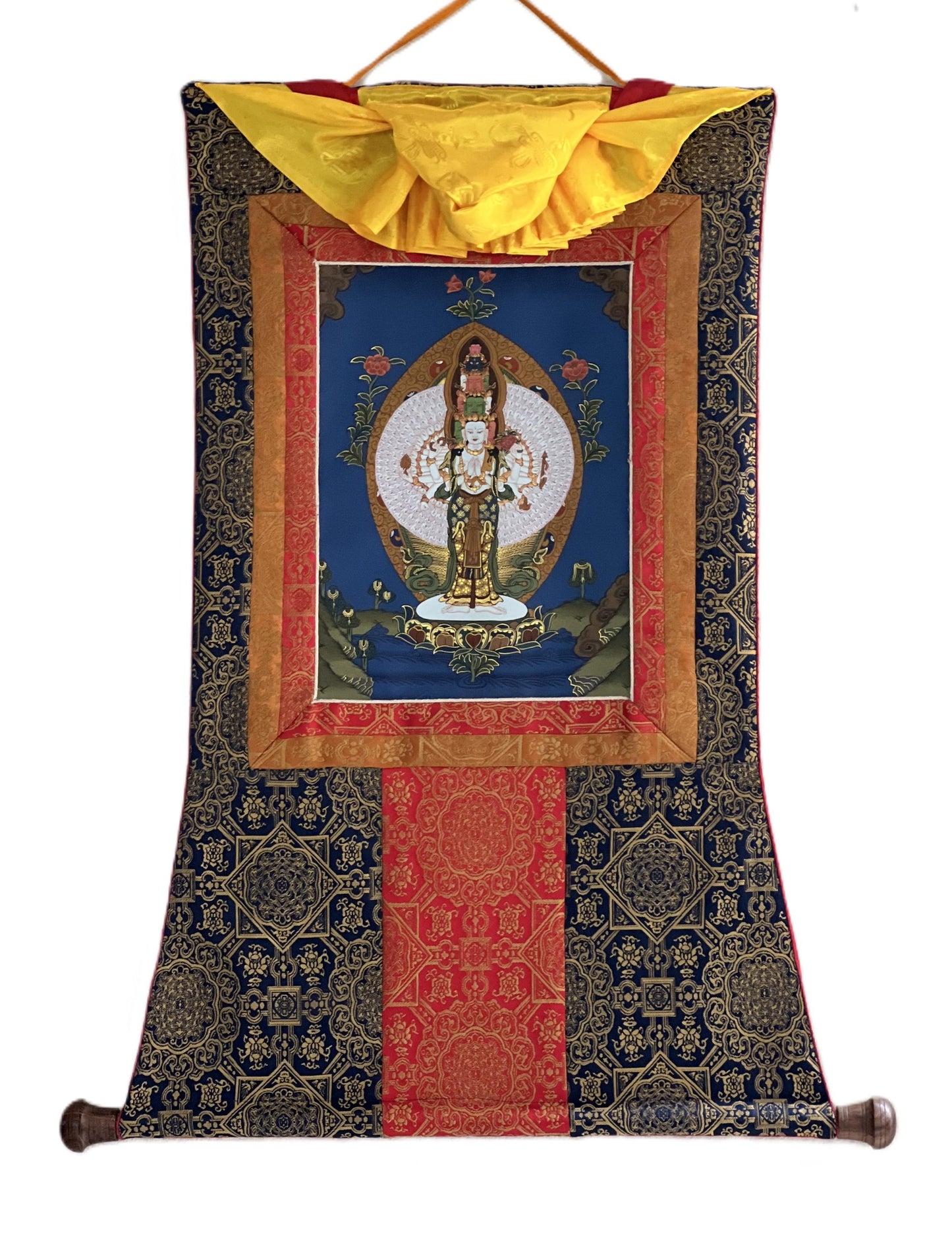 Hand-Painted Avalokiteshvara Thangka Painting with Silk Brocade