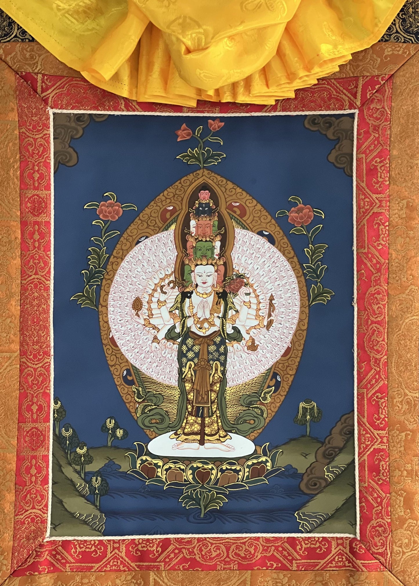 Hand-Painted Avalokiteshvara Thangka Painting with Silk Brocade