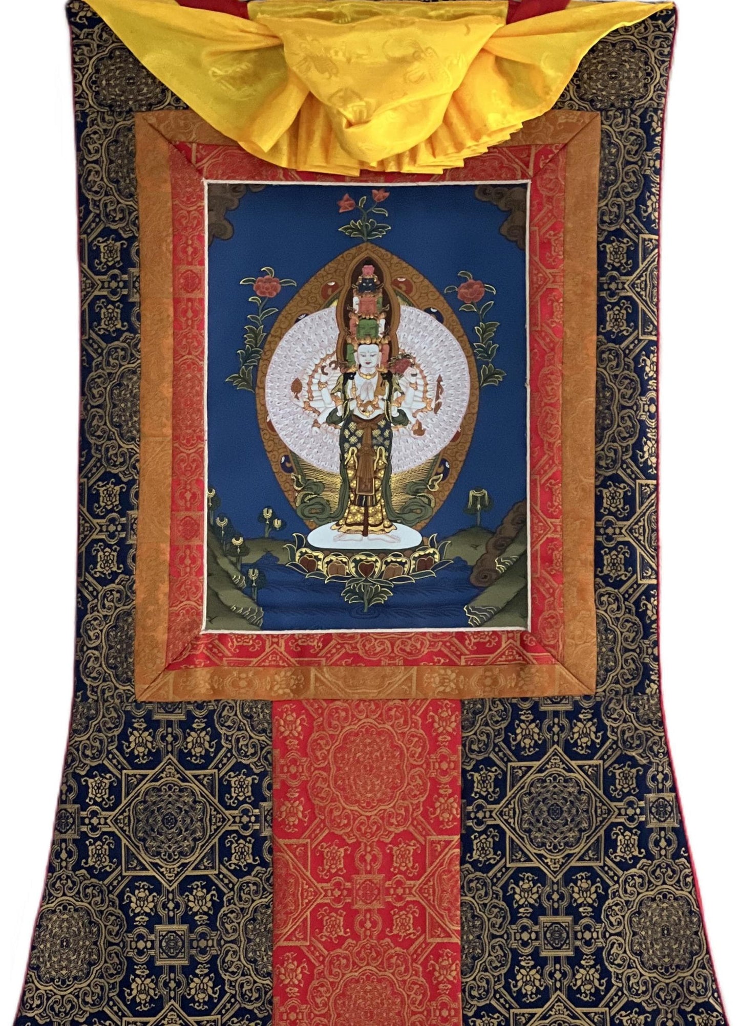 Hand-Painted Avalokiteshvara Thangka Painting with Silk Brocade