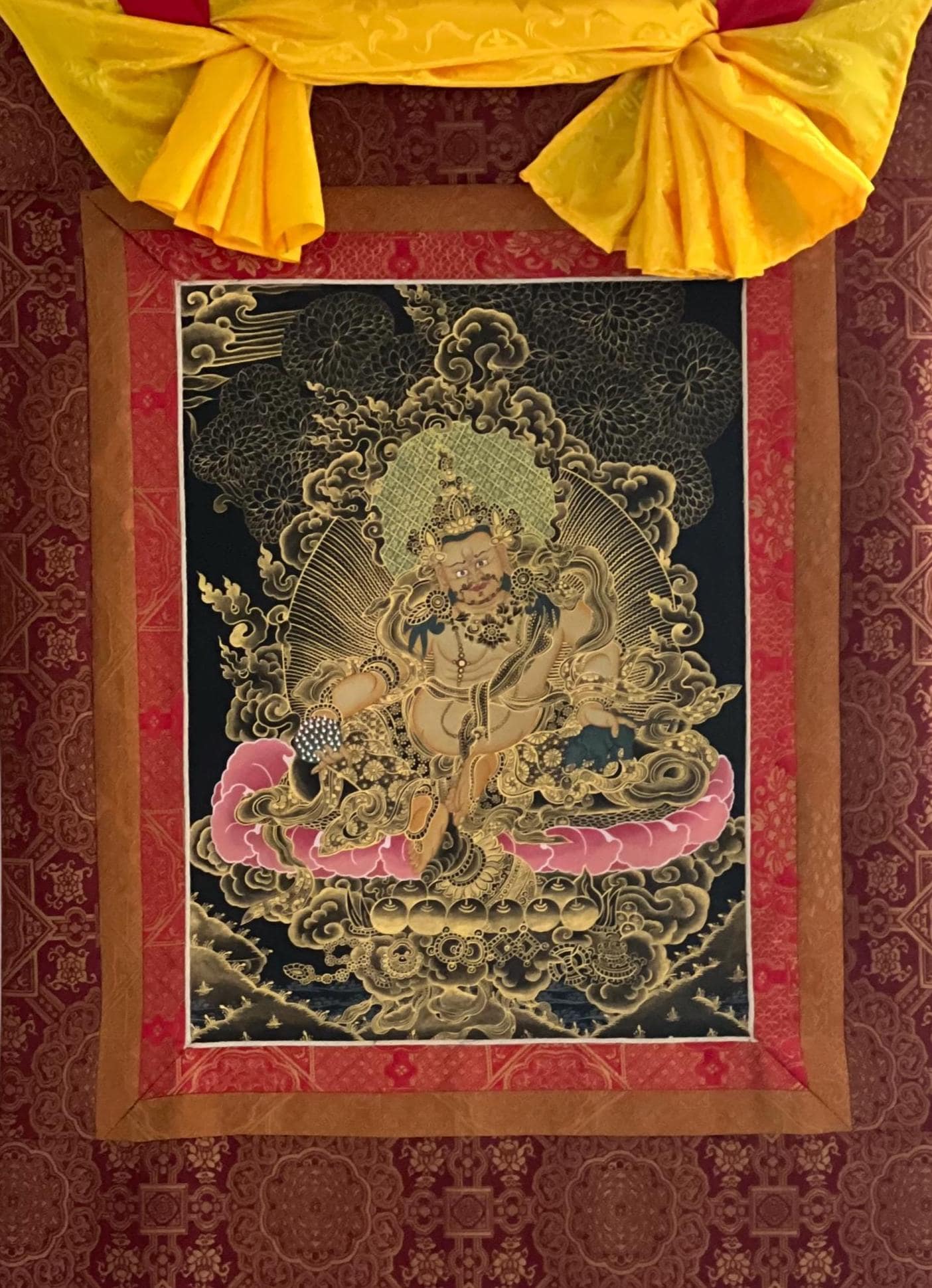 Hand Painted Kubera Zambala Thangka, God of Wealth with Silk Brocade