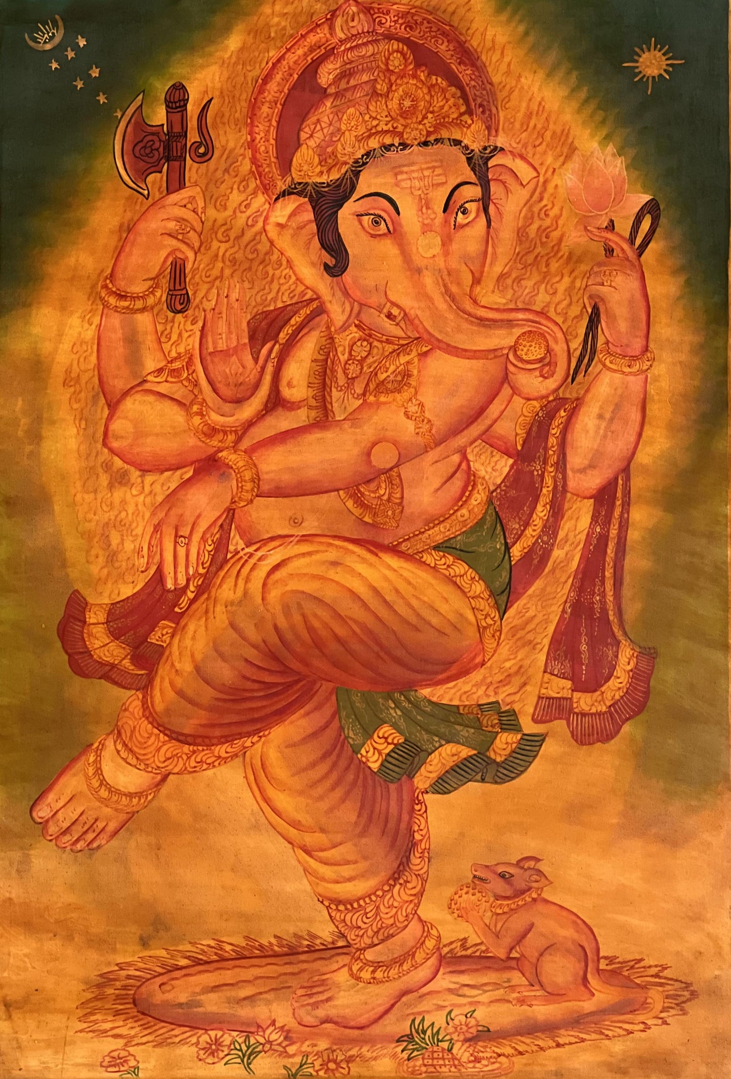 Hand-Painted Lord Ganesha Thangka – Newari Paubha, Silk Brocade