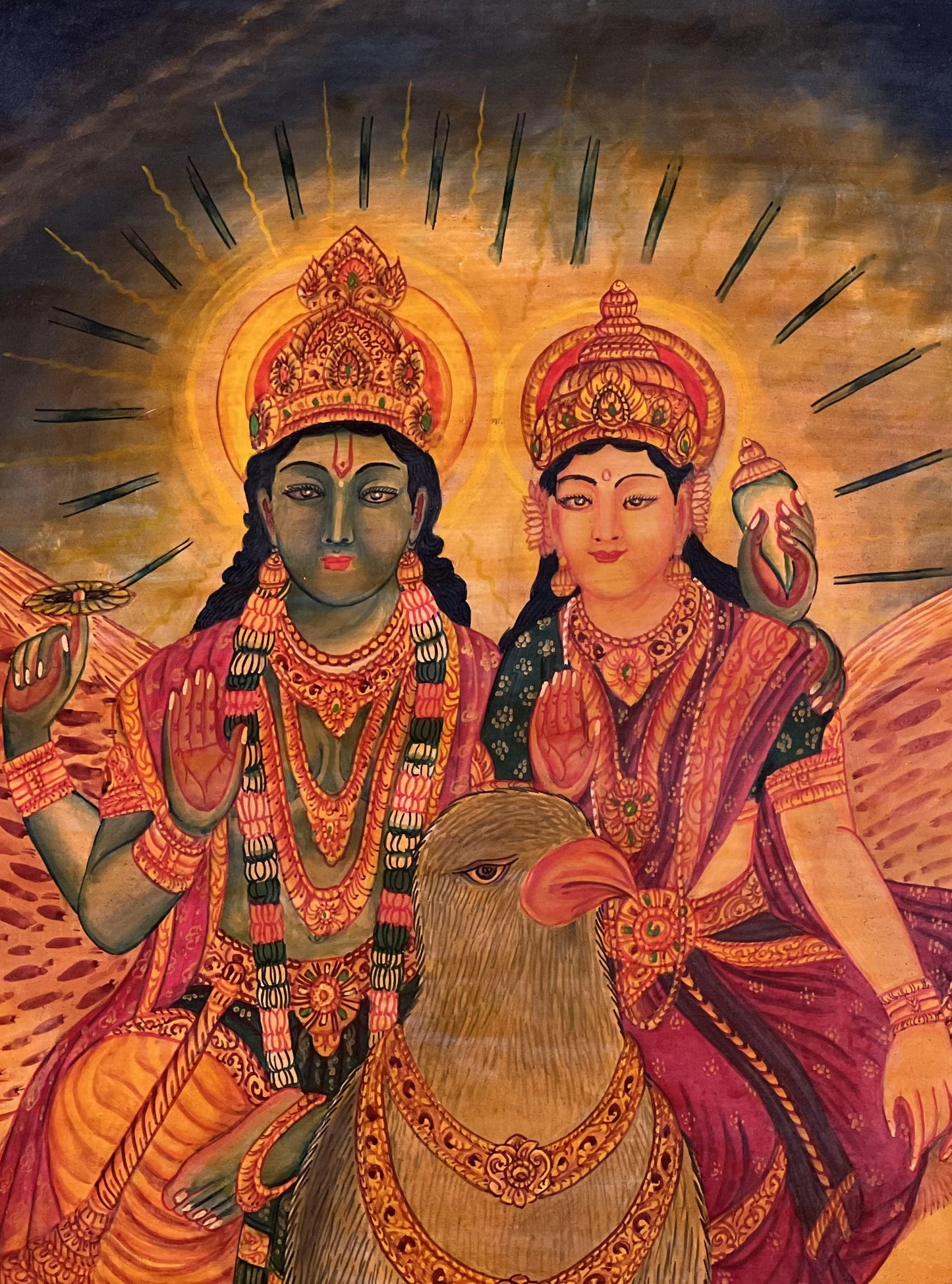 Hand-Painted Lakshmi Narayana on Garuda Newari Paubha Thangka - Hindu Vishnu Lakshmi Art Oil Varnished