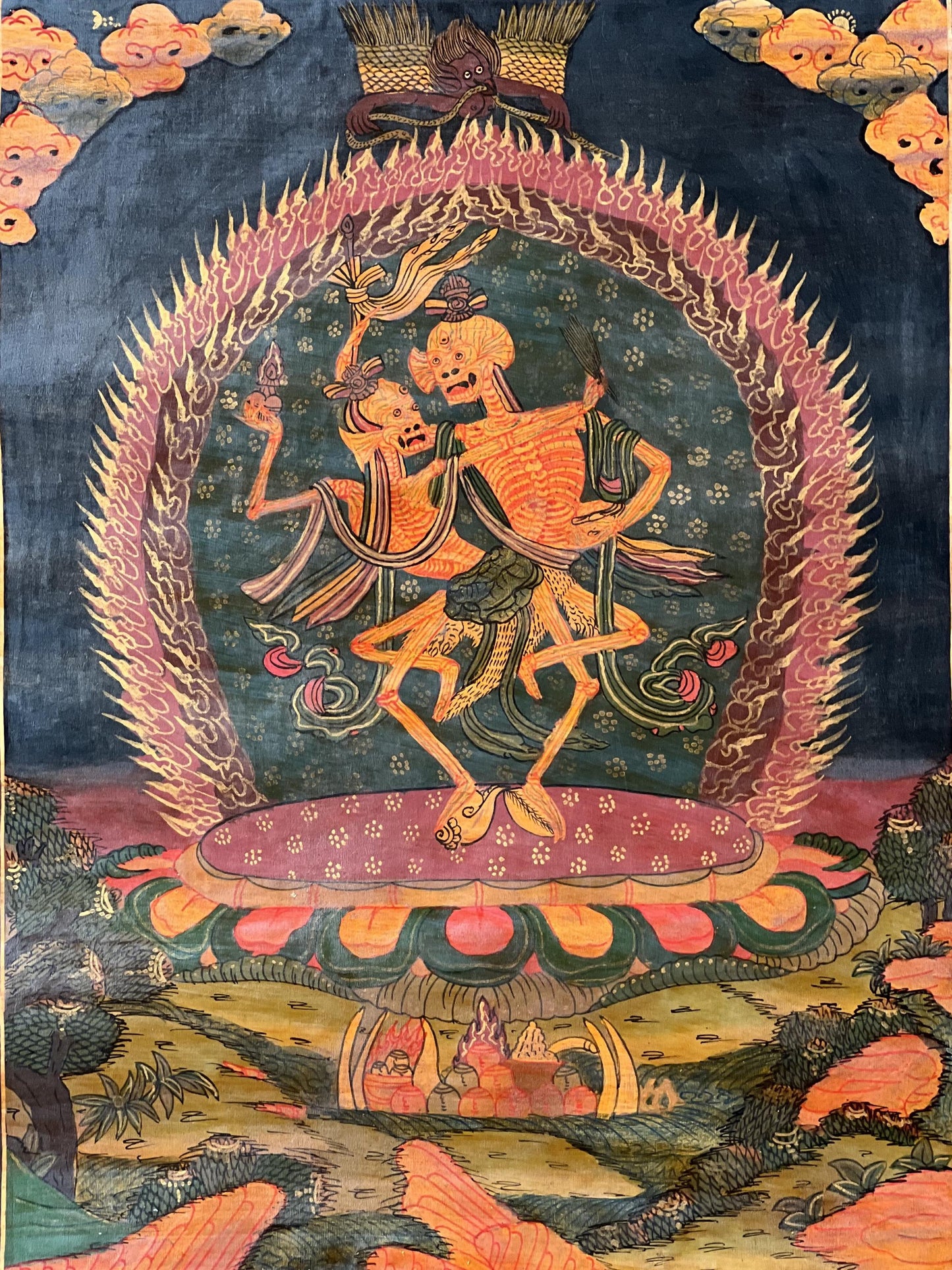 Hand Painted Citipati Thangka: Dancing Skeletons, Tibetan Meditation Art