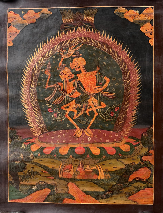 Hand Painted Citipati Thangka: Dancing Skeletons, Tibetan Meditation Art