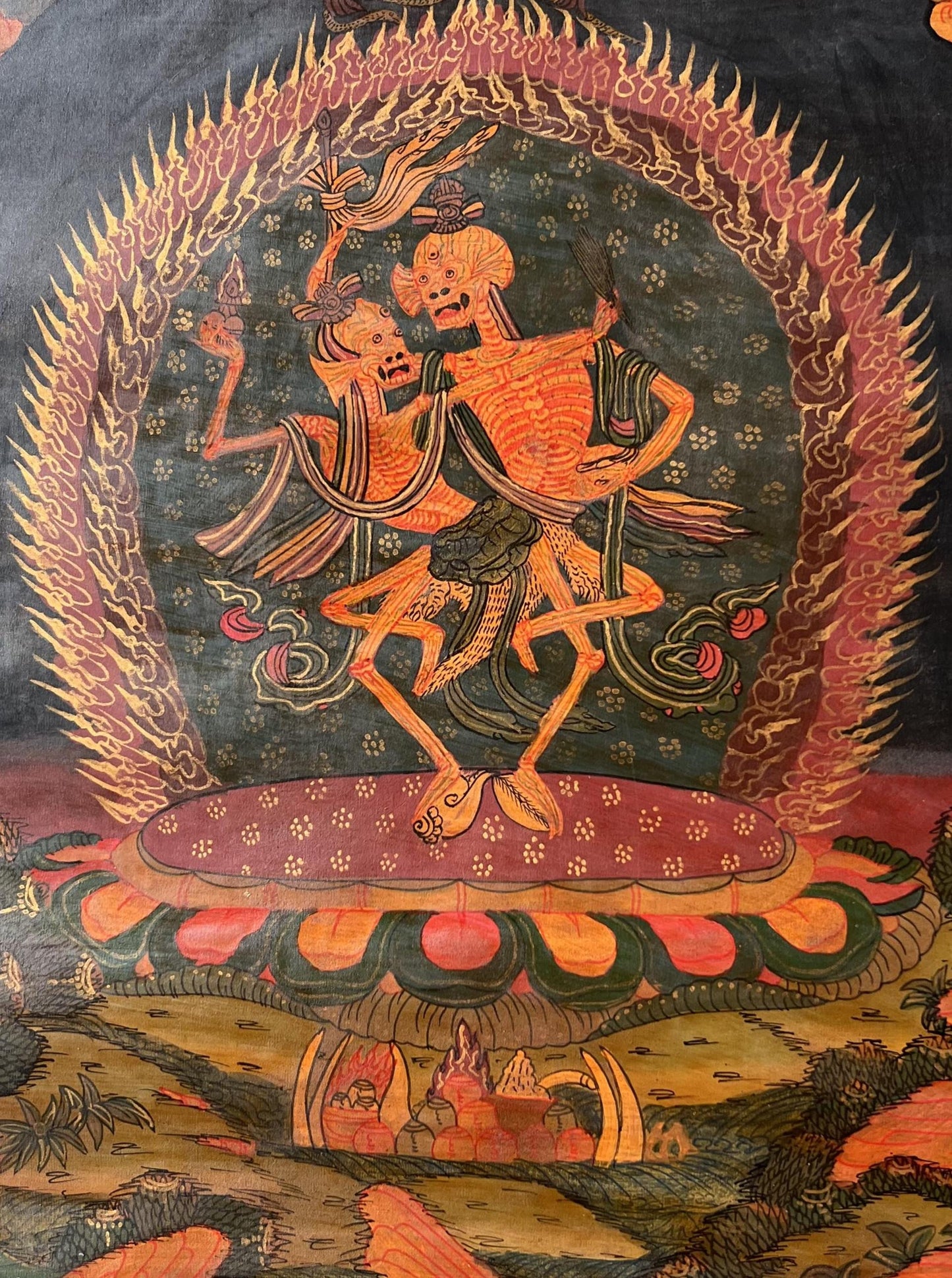 Hand Painted Citipati Thangka: Dancing Skeletons, Tibetan Meditation Art