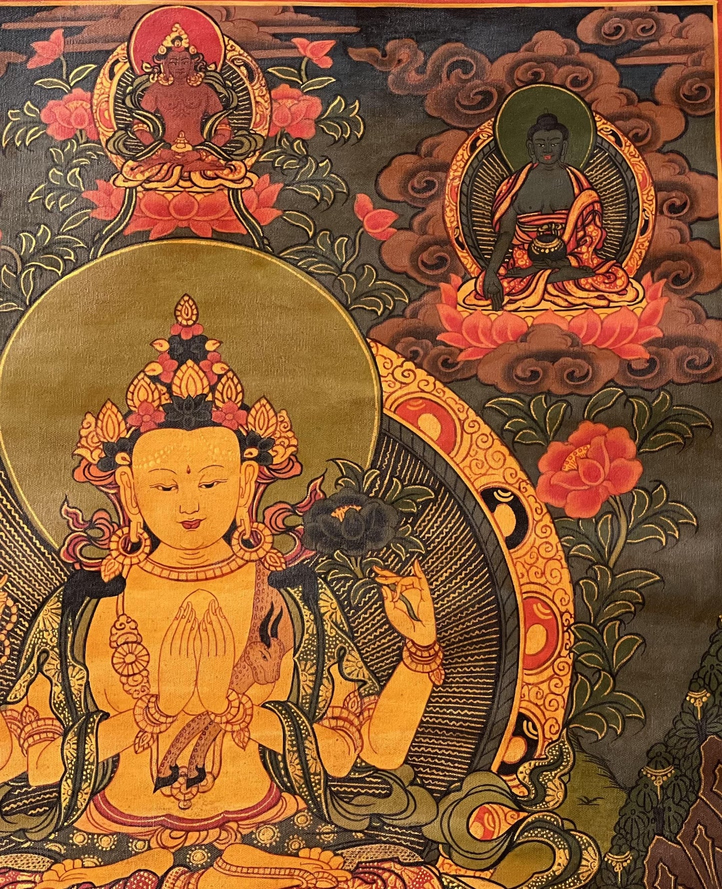 Hand-Painted Chenrezig Thangka: Tibetan Compassion Buddha Canvas Art