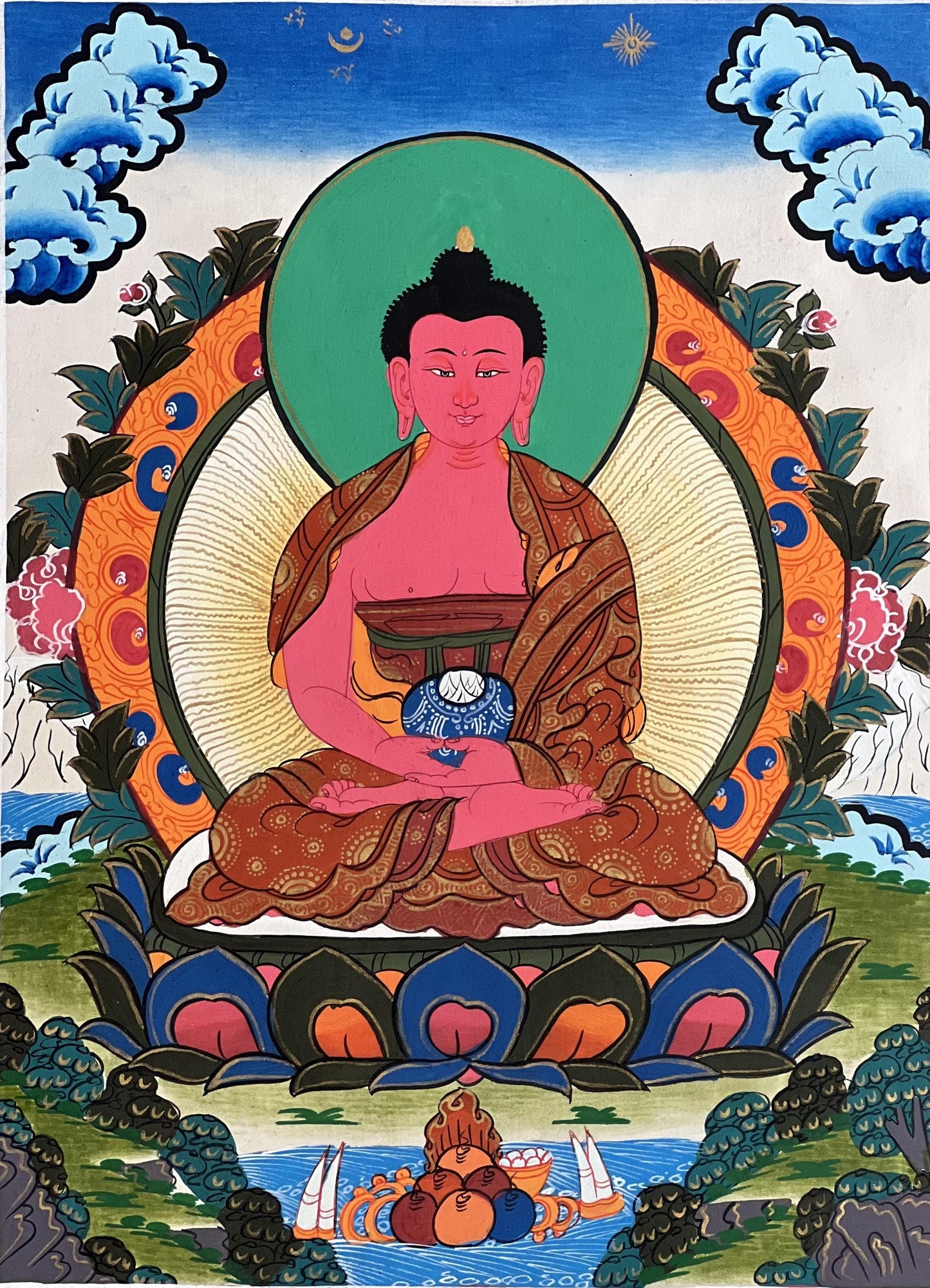 Hand-Painted Amitabha Buddha Thangka with Silk Brocade