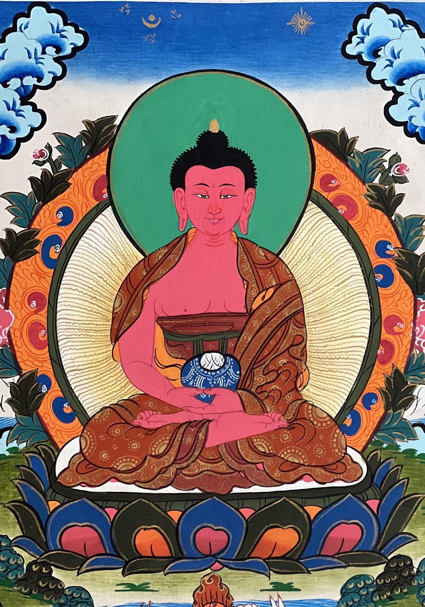 Hand-Painted Amitabha Buddha Thangka with Silk Brocade