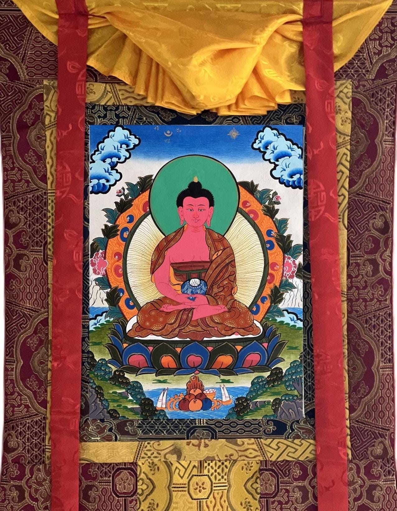 Hand-Painted Amitabha Buddha Thangka with Silk Brocade