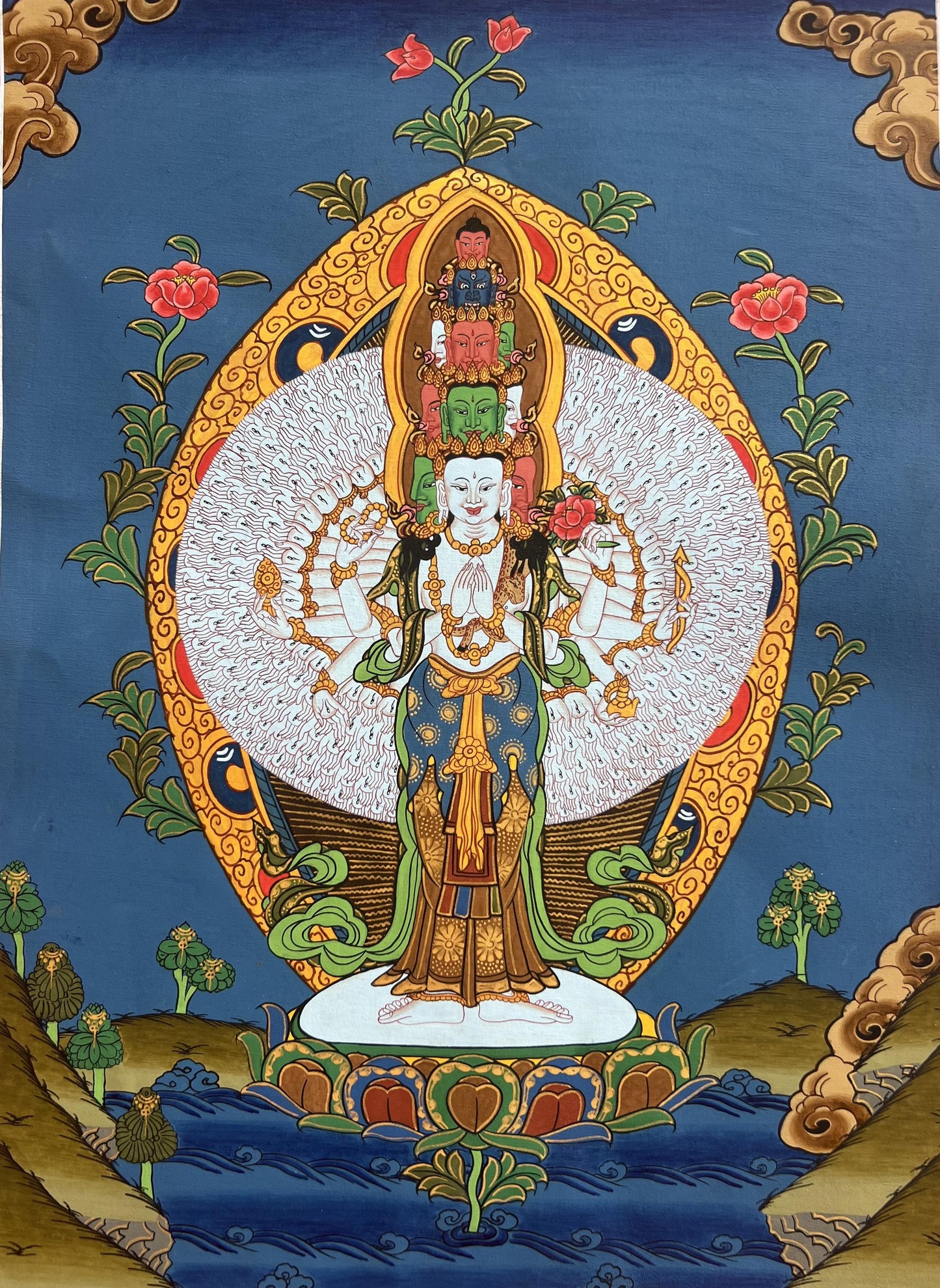 Hand-painted Avalokiteshvara Thangka with Silk Brocade