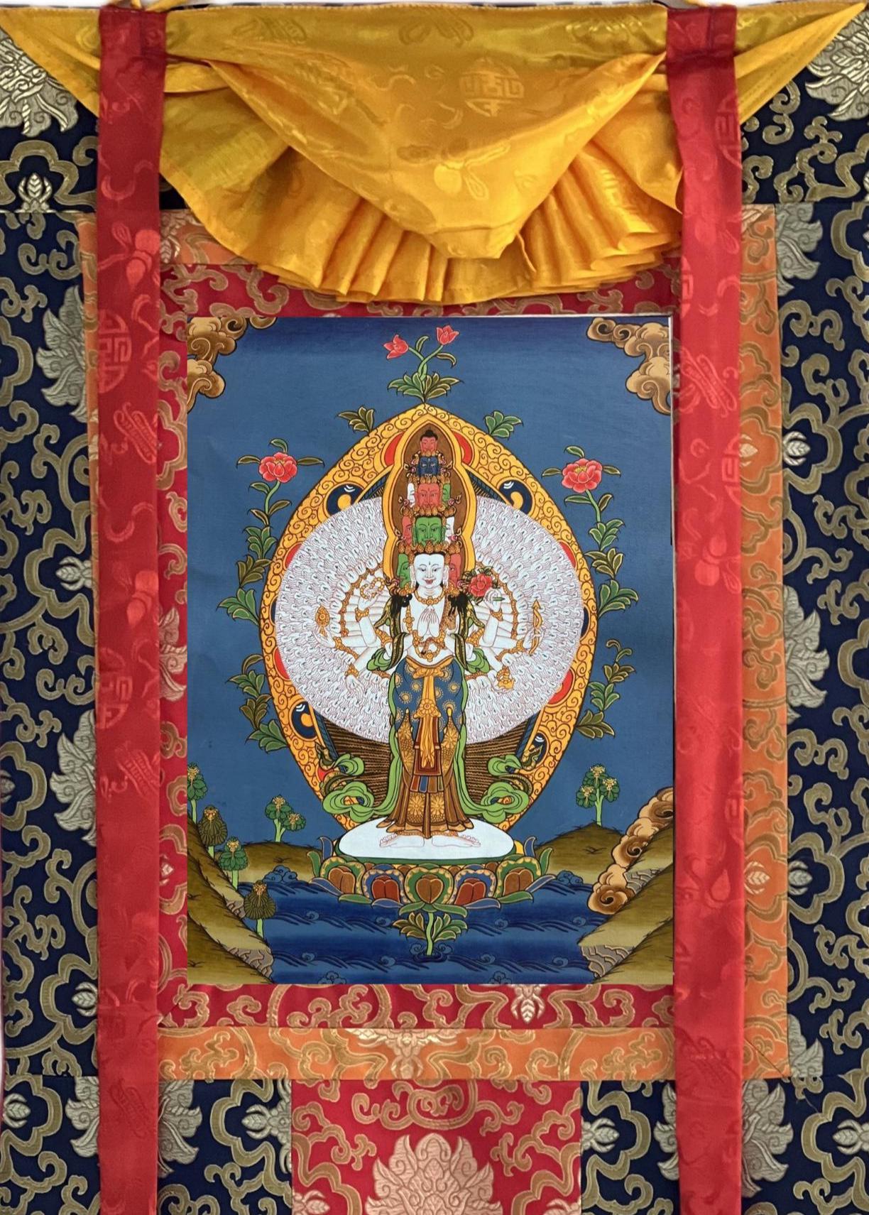 Hand-painted Avalokiteshvara Thangka with Silk Brocade