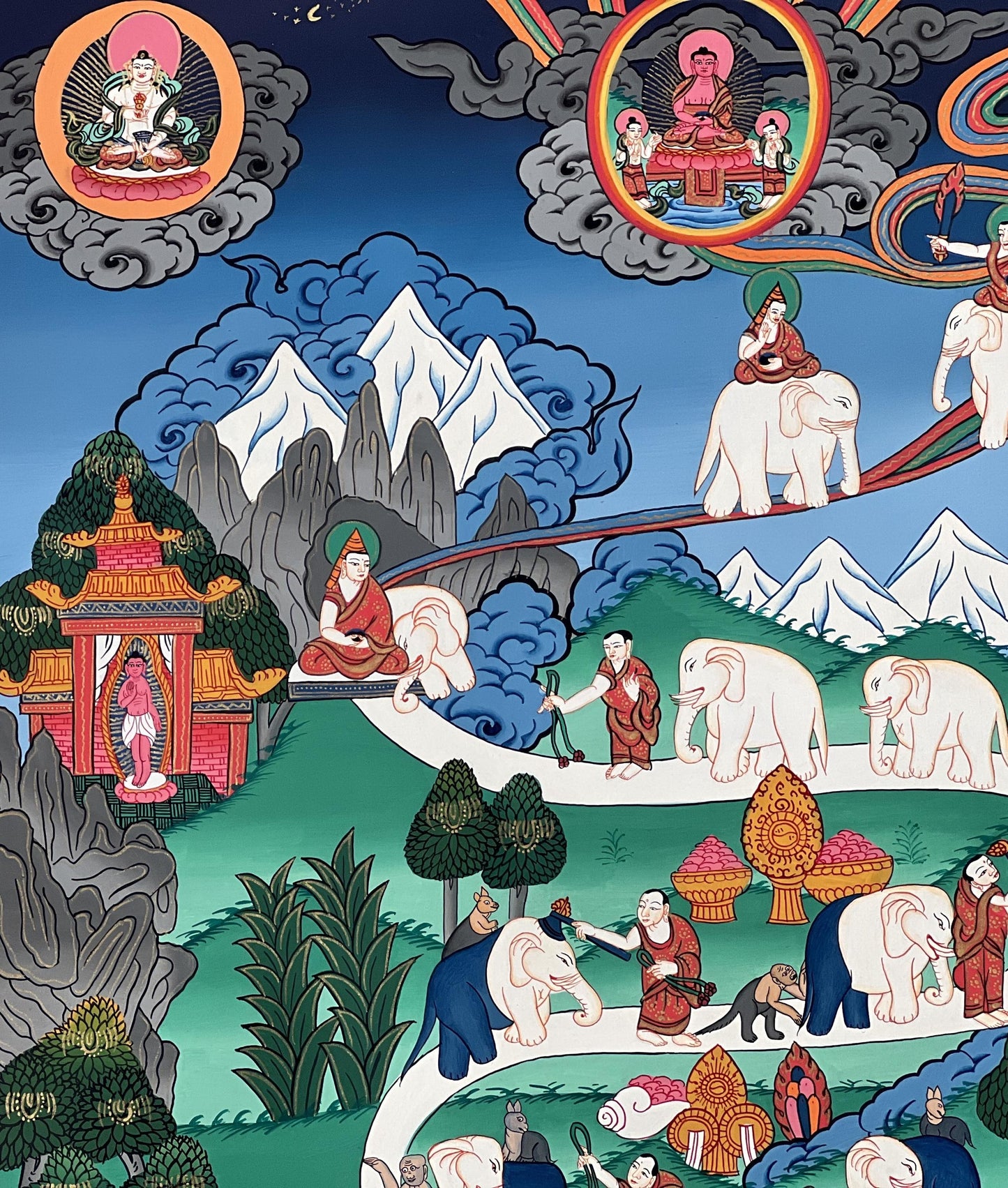 Hand-Painted Tibetan Thangka - Samatha Meditation Elephant Path Art - Large Compassion Meditation Painting