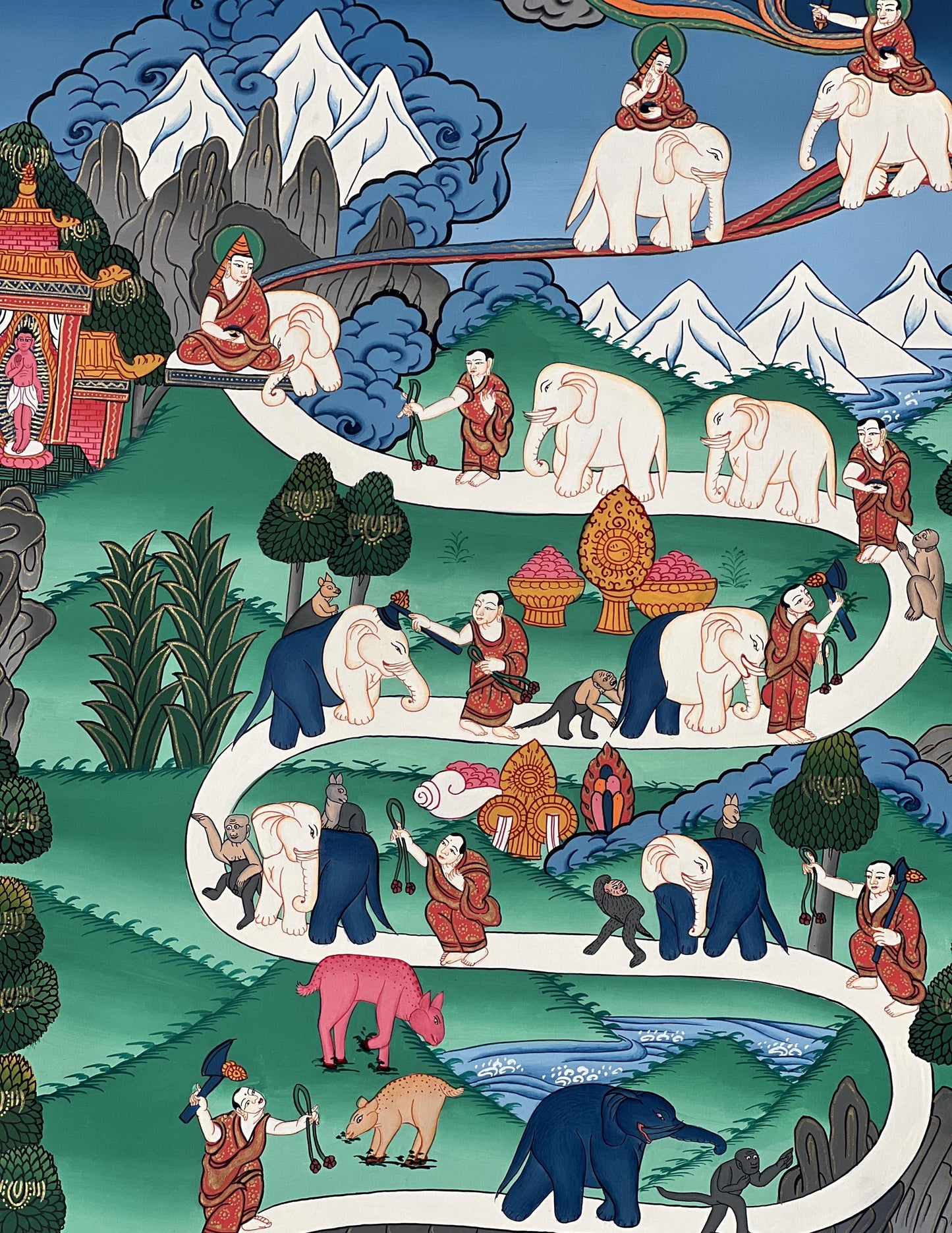 Hand-Painted Tibetan Thangka - Samatha Meditation Elephant Path Art - Large Compassion Meditation Painting