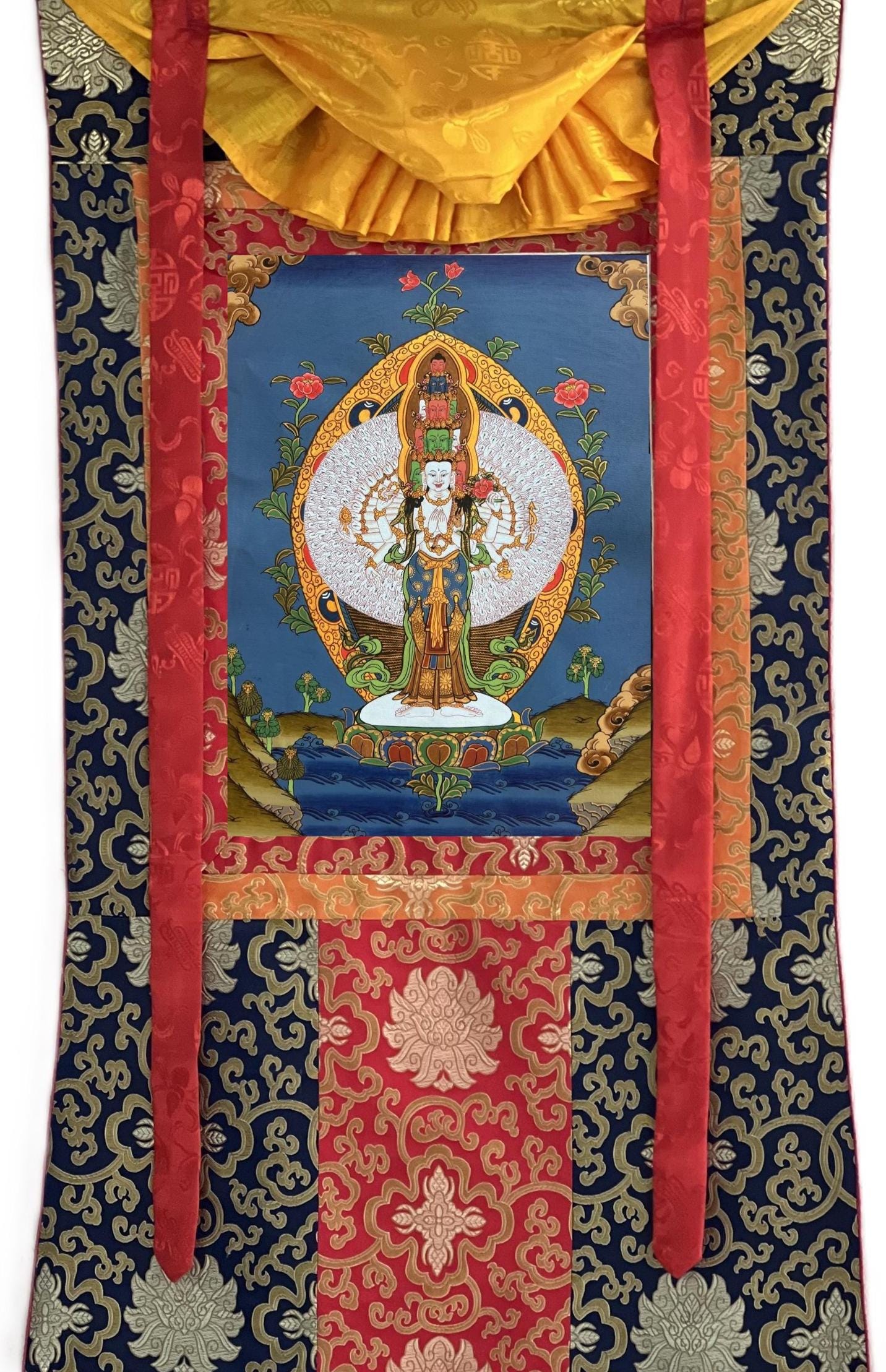 Hand-painted Avalokiteshvara Thangka with Silk Brocade