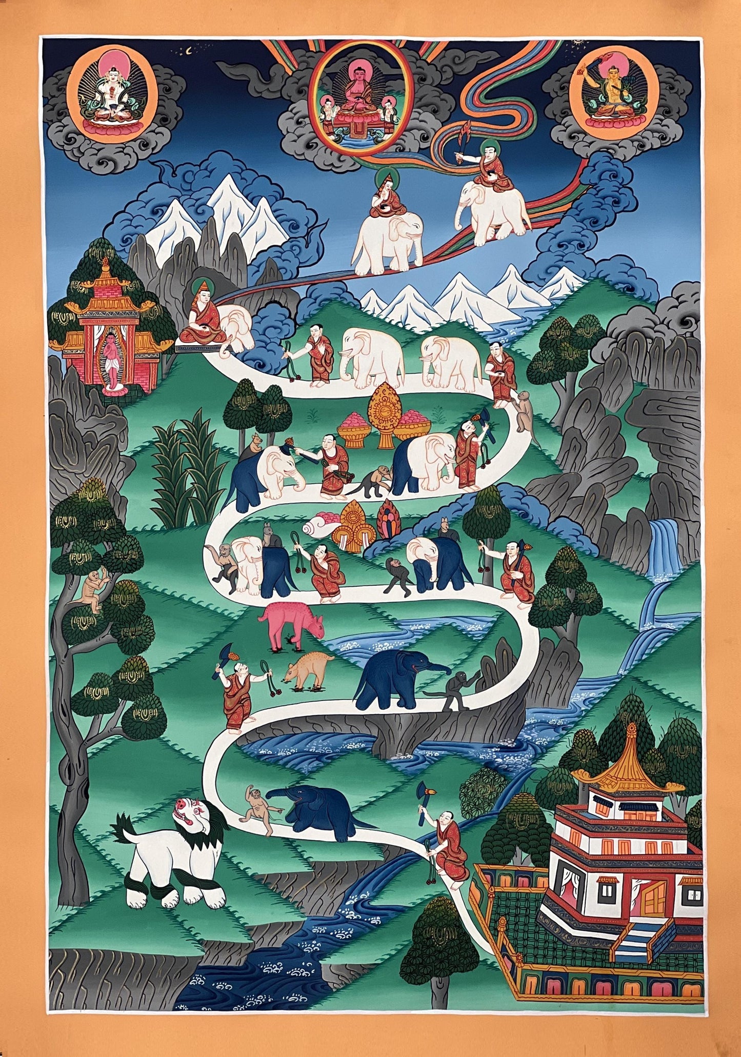 Hand-Painted Tibetan Thangka - Samatha Meditation Elephant Path Art - Large Compassion Meditation Painting