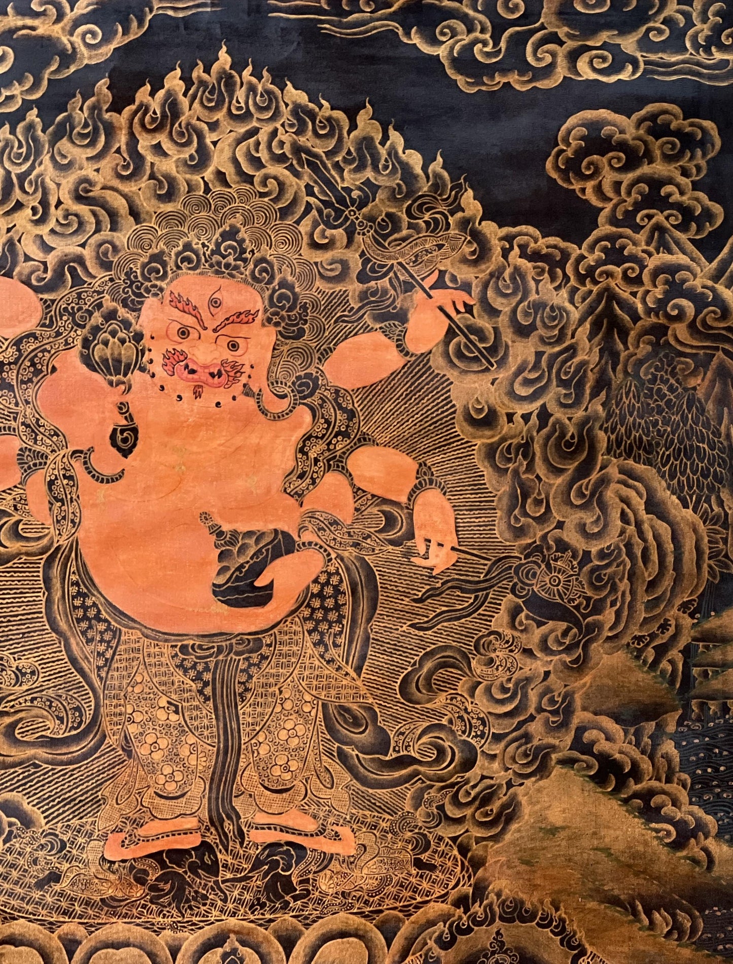 Hand-Painted White Mahakala Thangka Painting with Silk Brocade