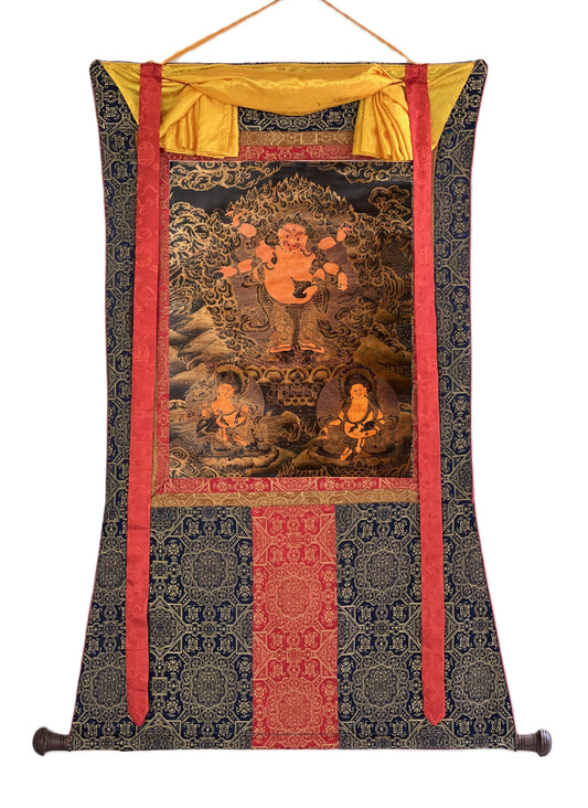 Hand-Painted White Mahakala Thangka Painting with Silk Brocade