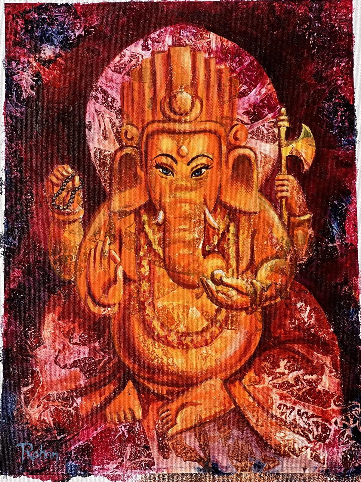 Lord Ganesha Acrylic Painting, Palette Knife Hindu Art on Canvas
