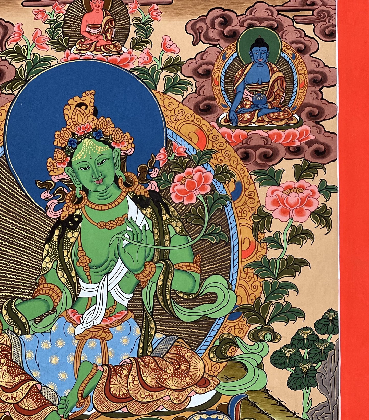 Hand-Painted Green Tara Thangka Painting, Tibetan Buddhist Art