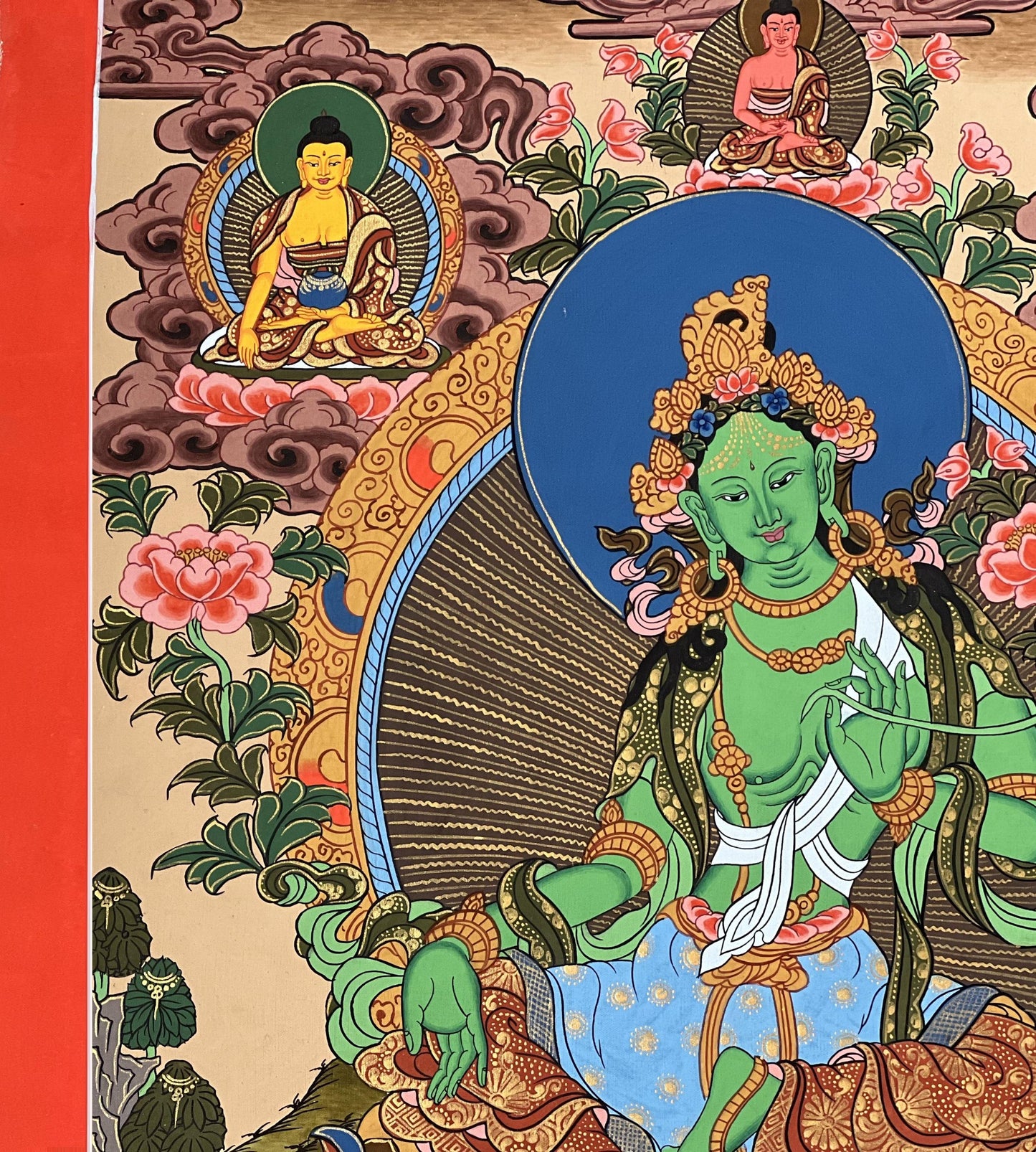Hand-Painted Green Tara Thangka Painting, Tibetan Buddhist Art