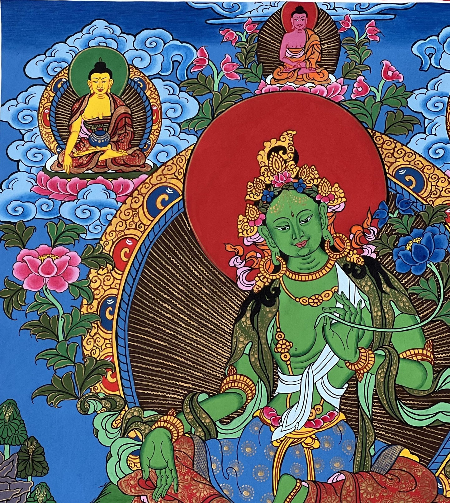 Hand-Painted Green Tara Thangka, Tibetan Buddhist Art, Fortune Goddess (15x20)