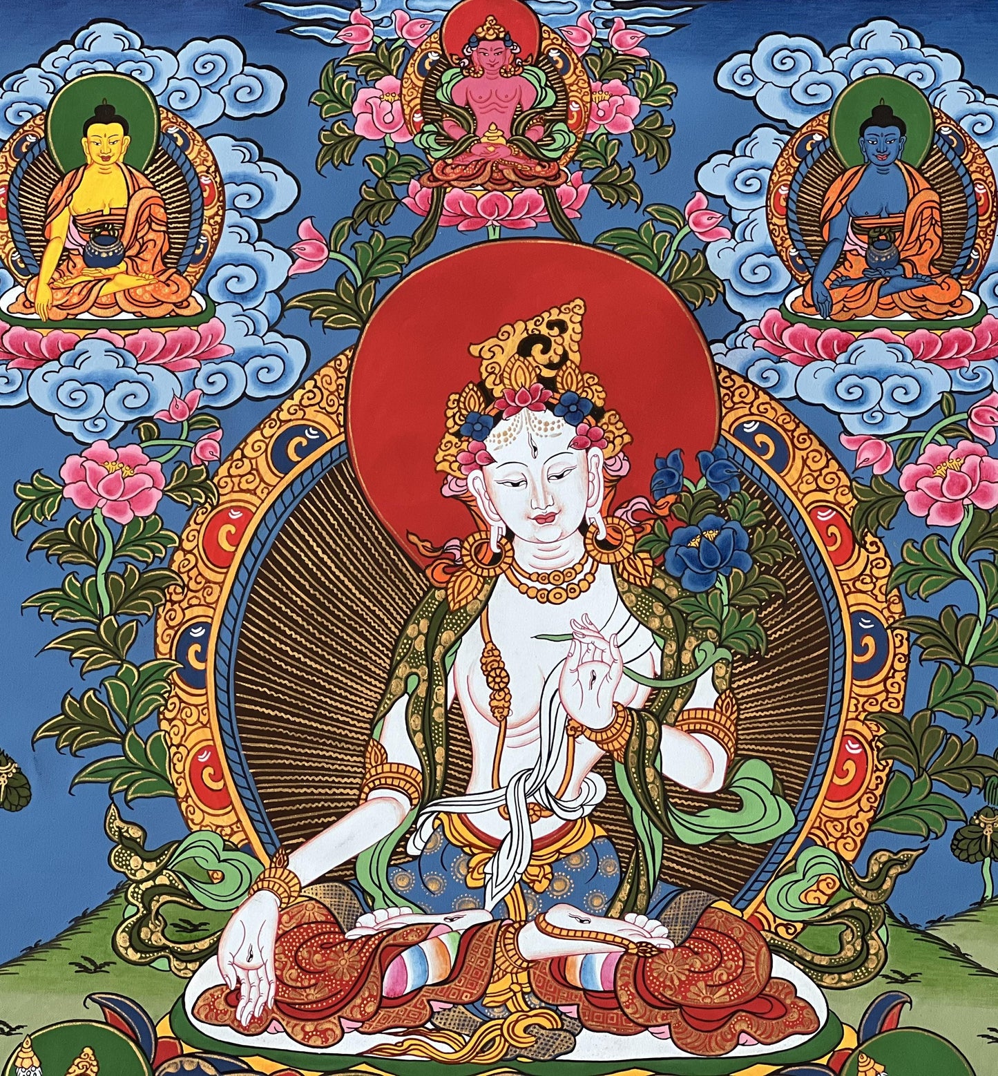 Hand-Painted White Tara Thangka – Tibetan Meditation Art, Nepal (15x20)