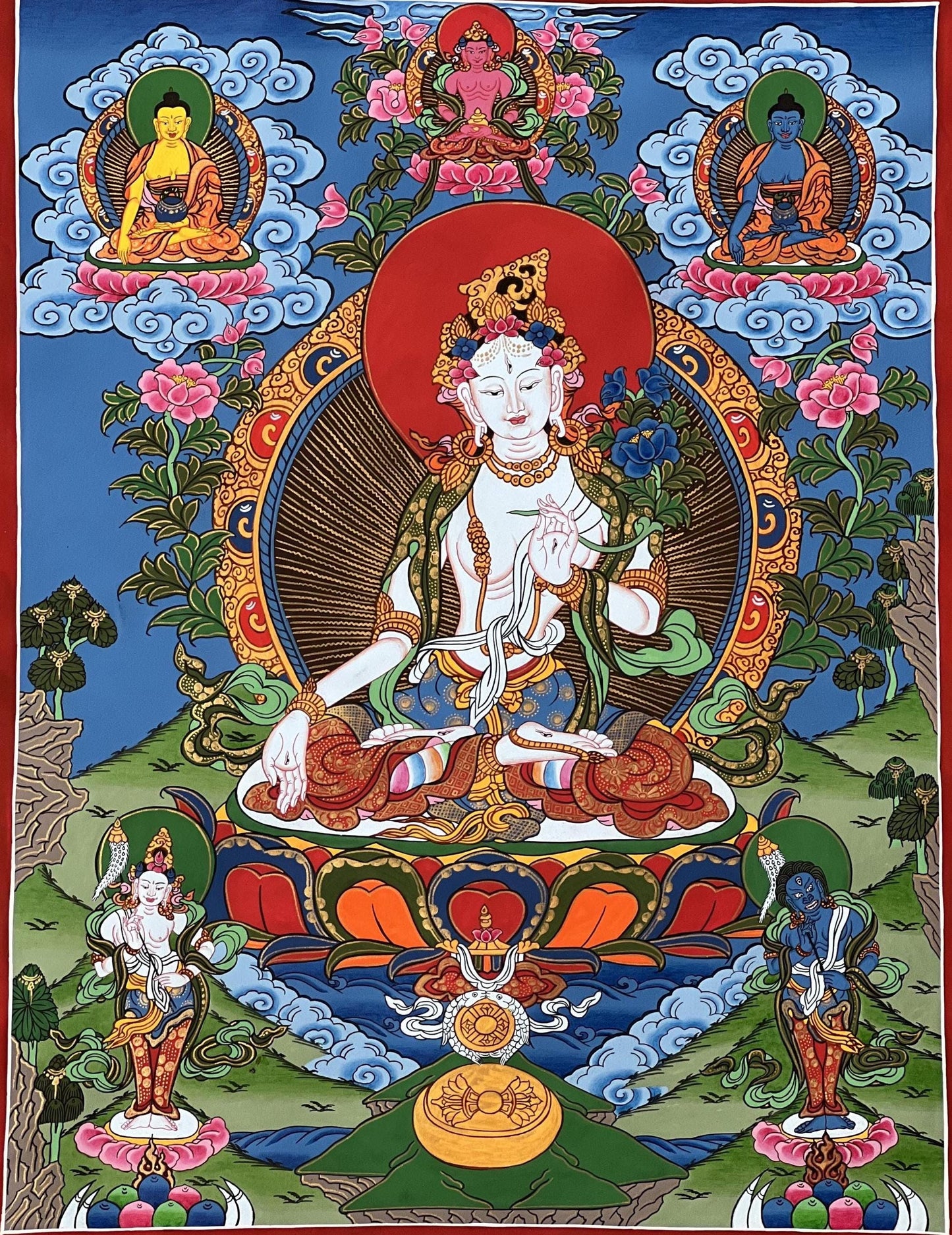 Hand-Painted White Tara Thangka – Tibetan Meditation Art, Nepal (15x20)
