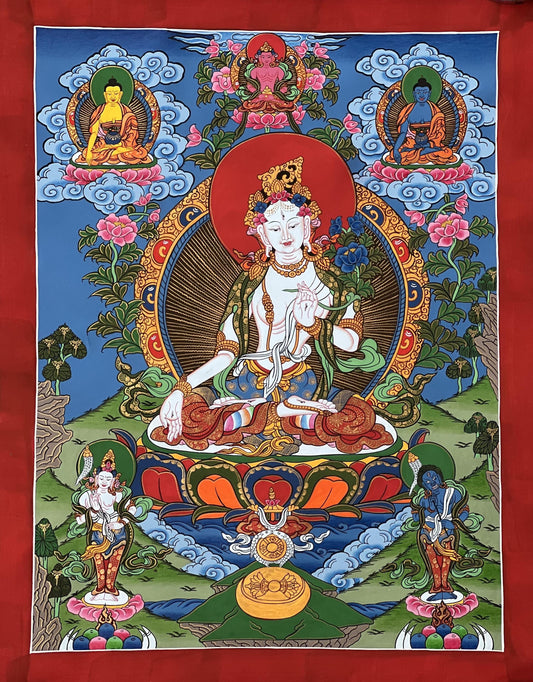 Hand-Painted White Tara Thangka – Tibetan Meditation Art, Nepal (15x20)