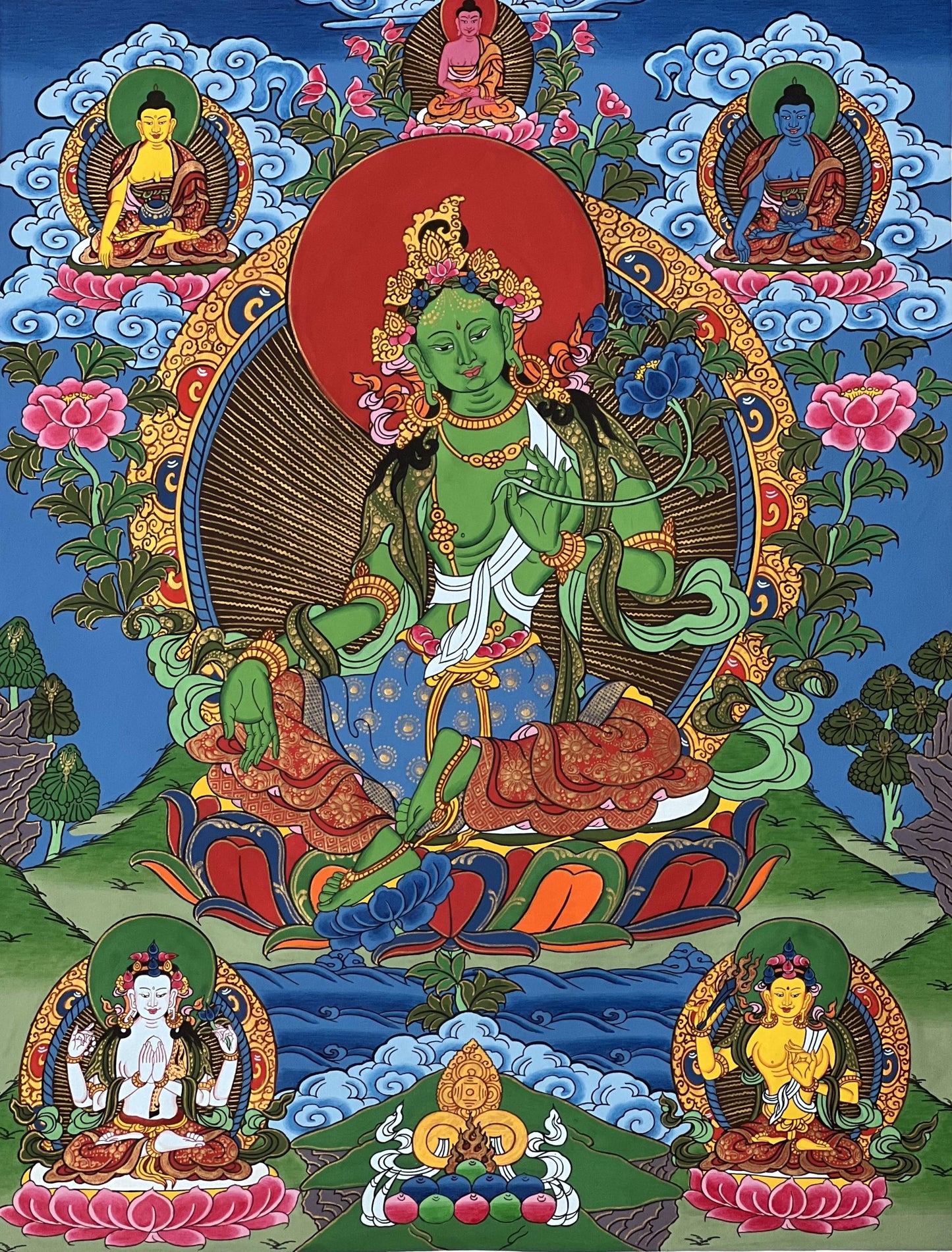 Hand-Painted Green Tara Thangka, Silk Brocade, Tibetan Art