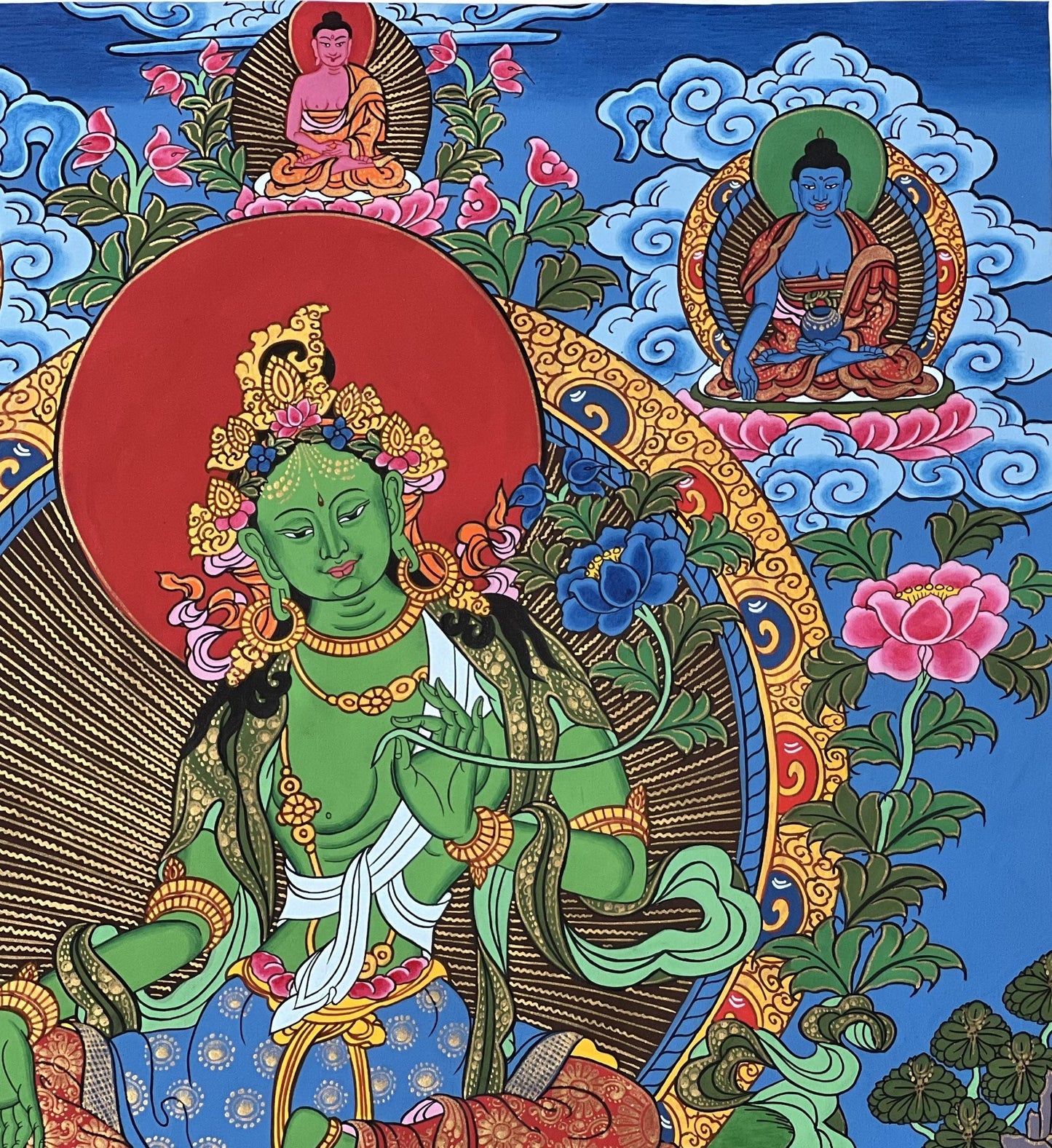 Green Tara Thangka with Buddhas & Bodhisattvas | Hand-Painted Tibetan Silk Brocade Art